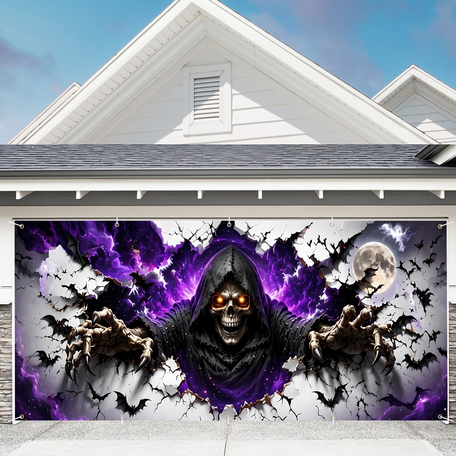 7 x 16 ft Purple Grim Halloween Garage Door Decorations Halloween decorations Door Cover, Hanging Banner for Home, Outdoor, Indoor, Spooky Party, Wall, Window