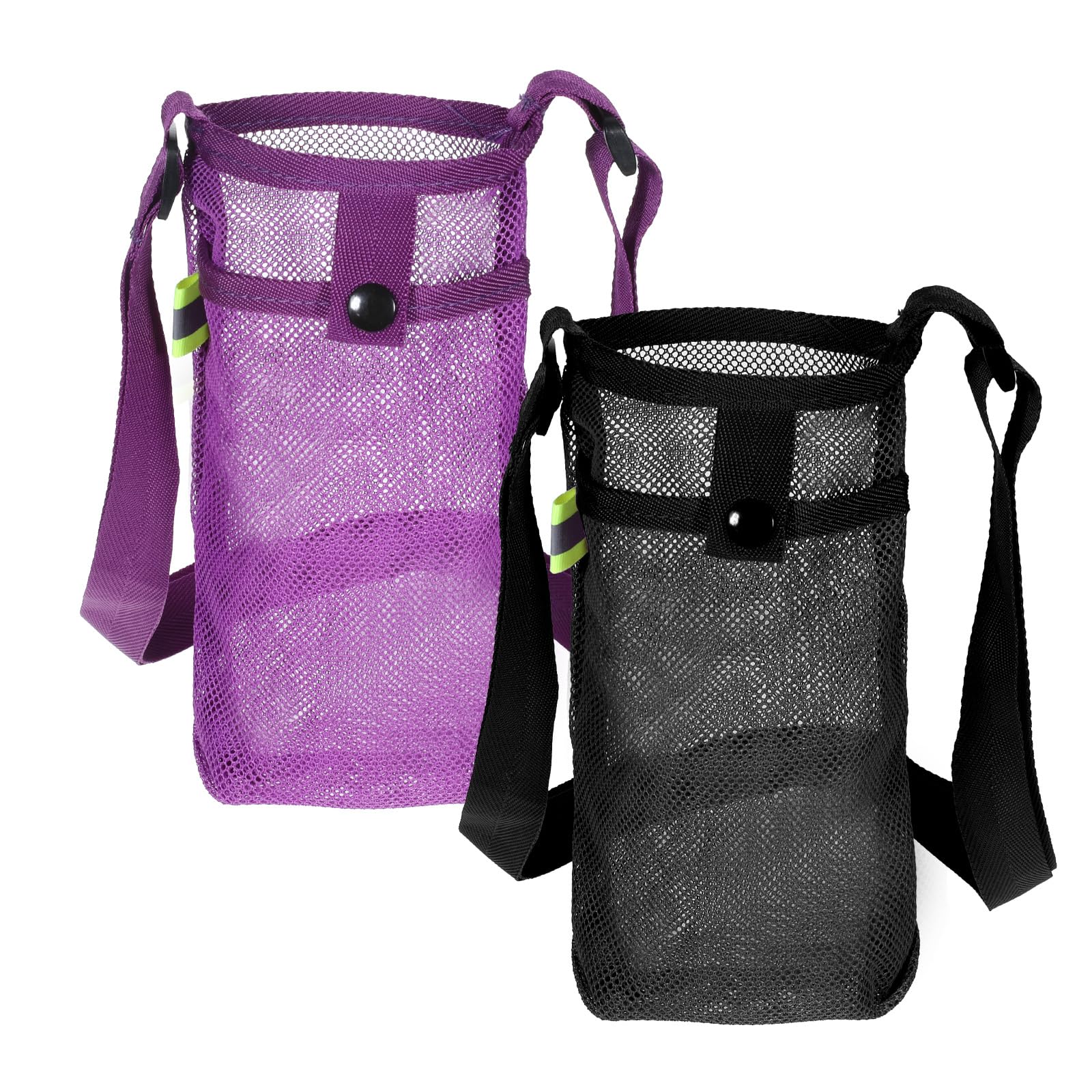 Aeaocvo 2 PCS Mesh Water Bottle Carrier with Shoulder Strap, Water Bottle Holder with Adjustable Strap Bottles Sling Bag for Hiking, Walking, Camping, Travel (Purple, Black)