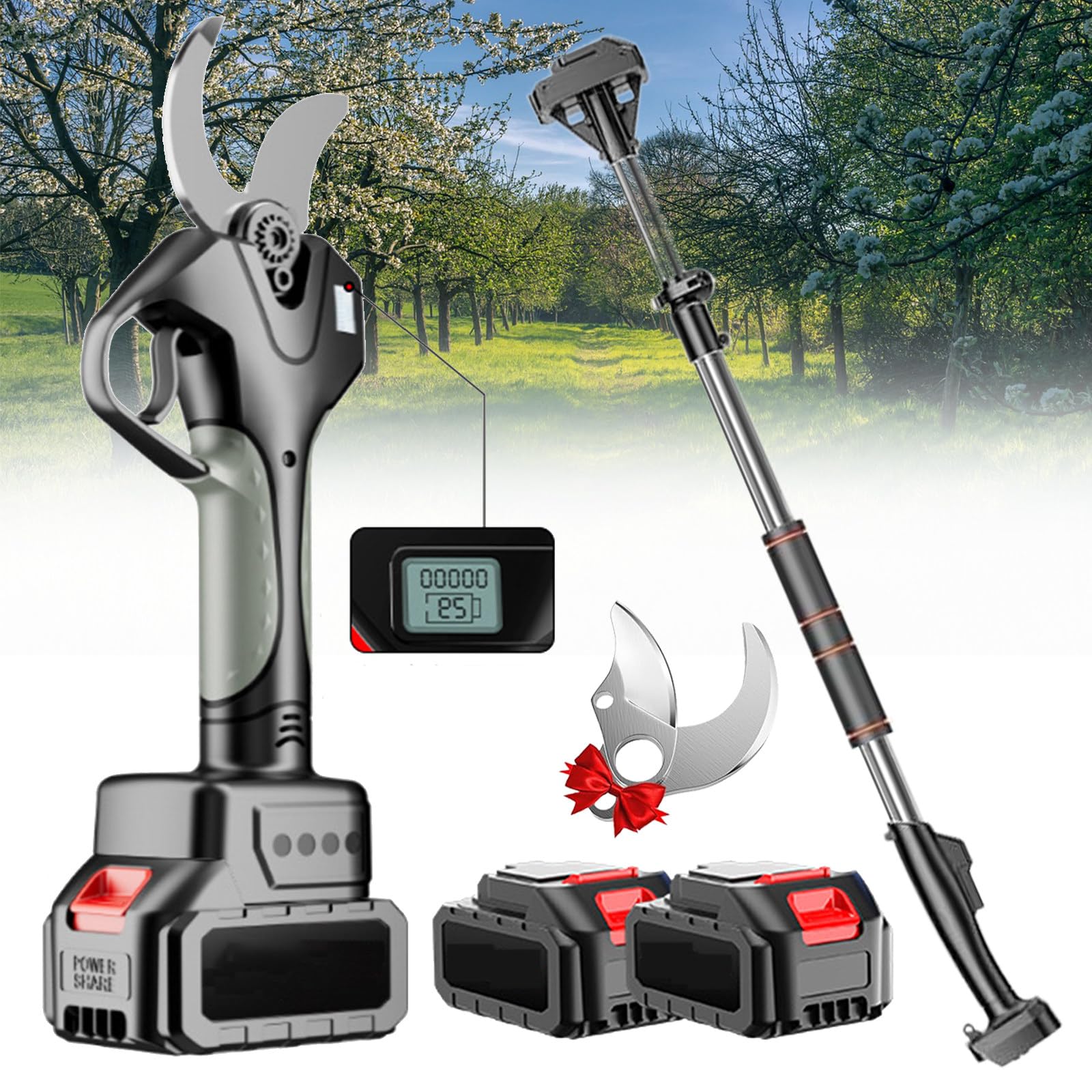 Kit de podadora eléctrica, podadora eléctrica sin escobillas con postes de extensión de 6,9 pies, 2 baterías recargables para poda más larga, tijeras de jardinería para poda de árboles