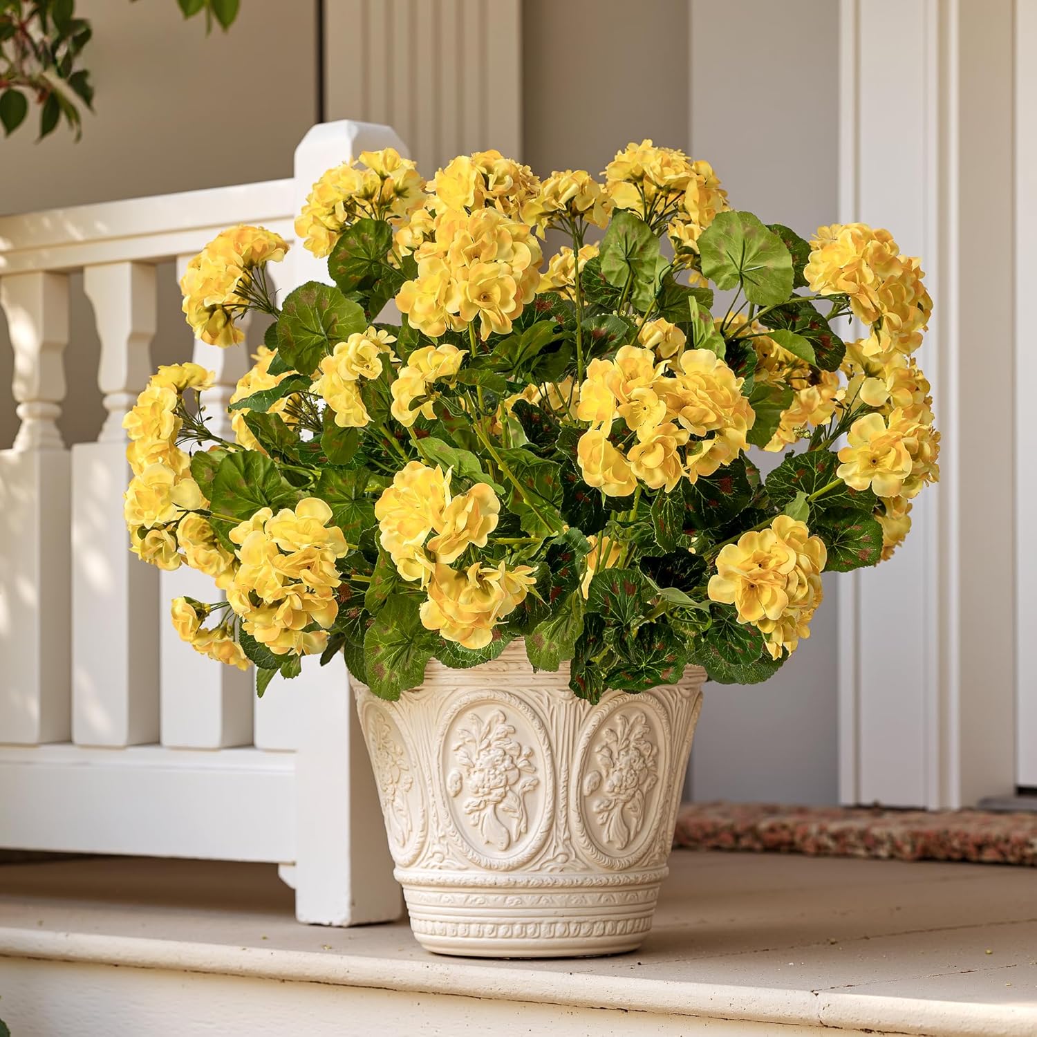 Artificial Geranium Flowers for Outdoors 19.6" Geraniums Artificial Flowers Realistic Faux Geraniums for Outdoor Planters Silk Geranium Indoor Fake Flowers Porch Home Decor No Vase (4PCS，Yellow)