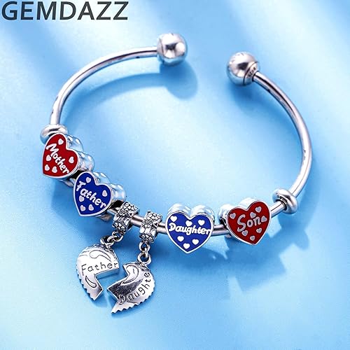 Miniatura 3 de GEMDAZZ Set de regalo de Navidad para papá de hija, dije de corazón azul para padre e hija y dijes de Papá Noel rojo, pulsera de ajuste en plata de