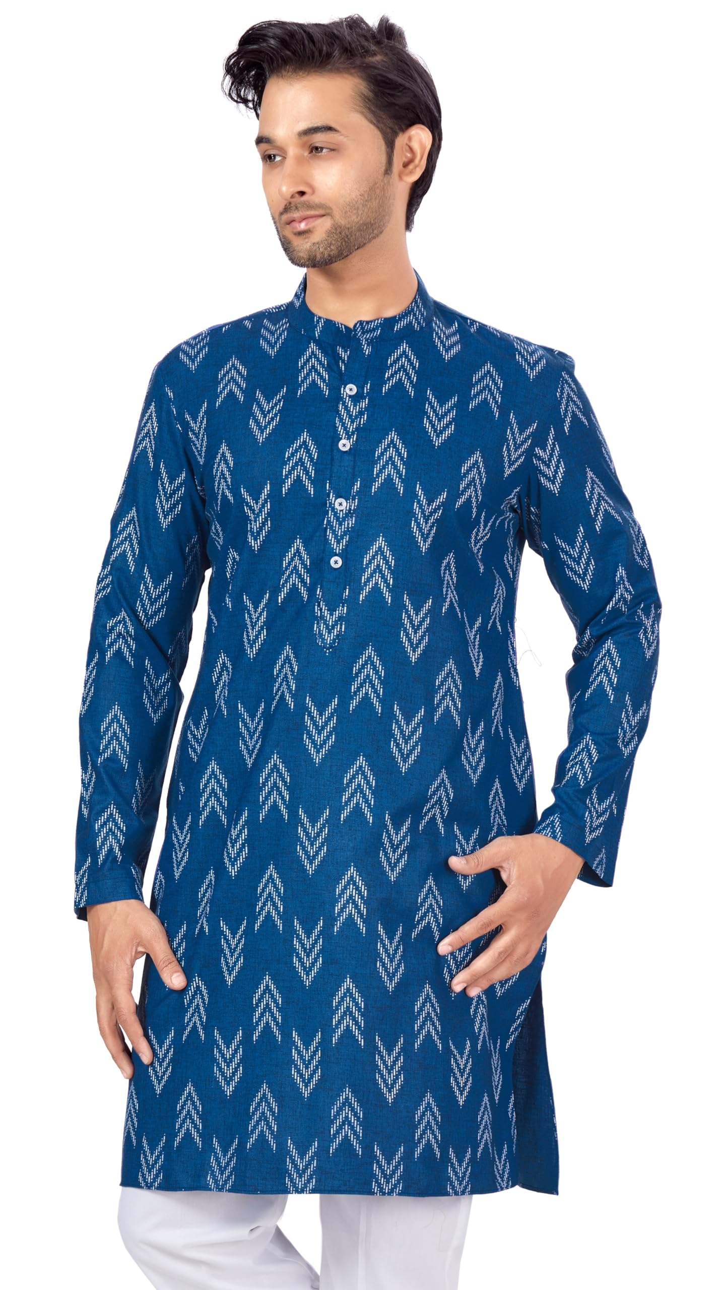 Studio Shringaar Men's Cotton Blend Relaxed Fit Ikat Printed Knee Length Kurta