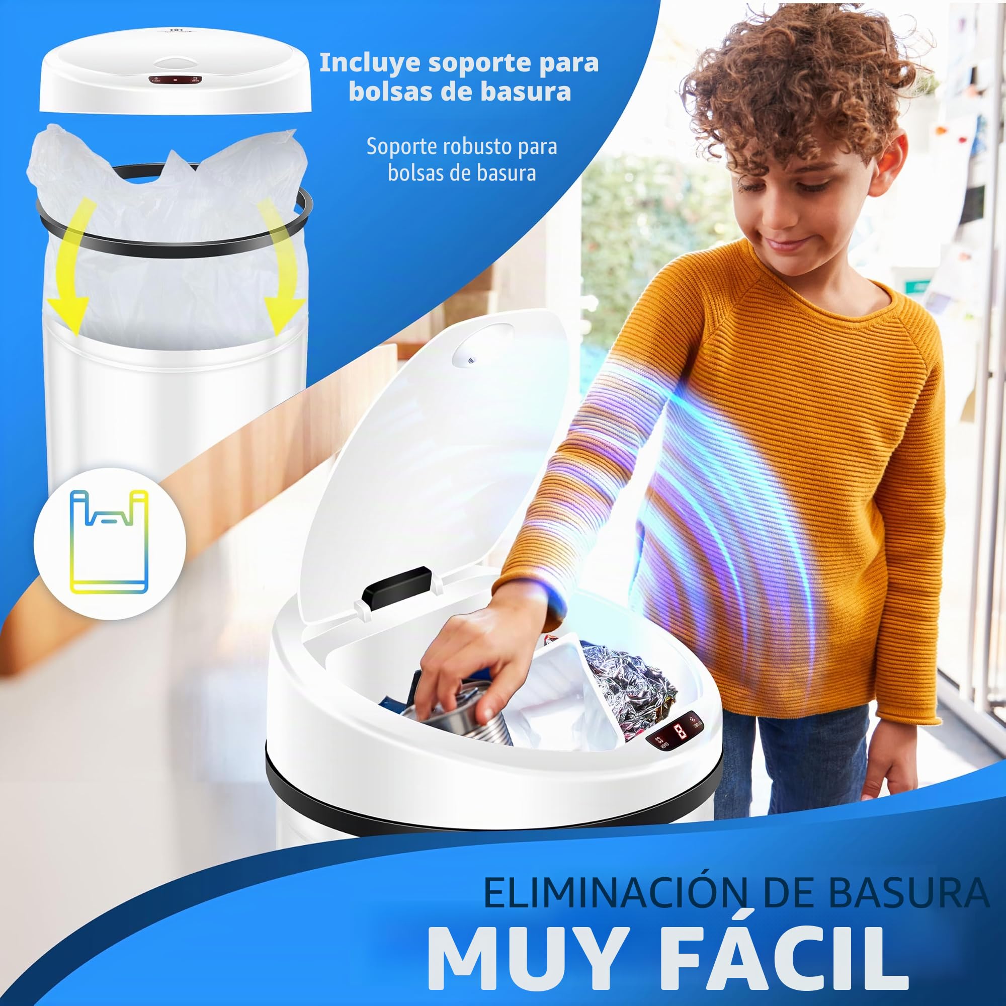 KESSER Cubo de basura automático con sensor de 40 litros – Cubo de basura eléctrico de acero inoxidable, apertura sin contacto, bajo nivel de ruido para cocina, baño, oficina, color blanco con soporte