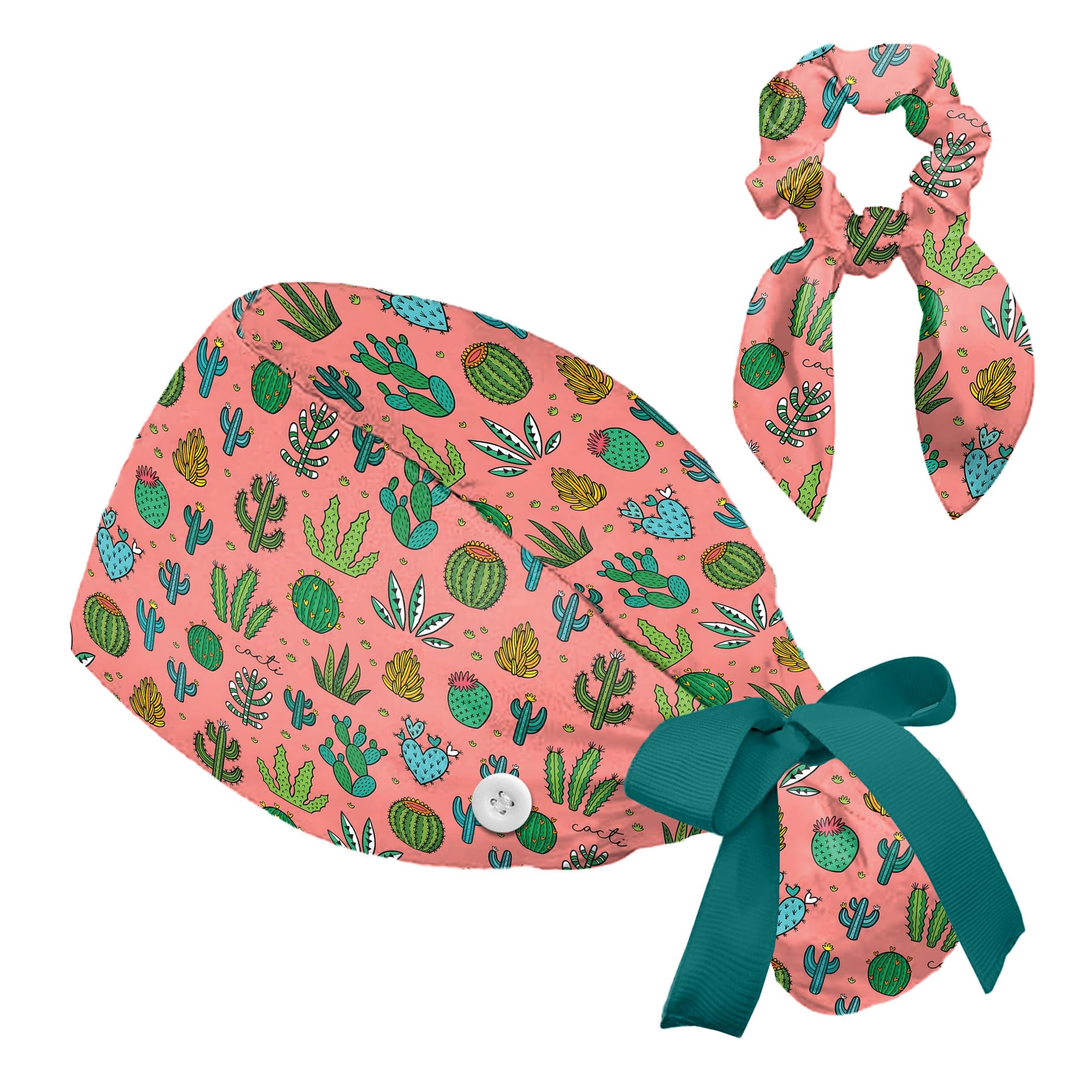 Nurse Scrub Caps for Women - Adjustable Ponytail Hat with Sweatband & Scrunchie | with Button Working Cap for Nurses