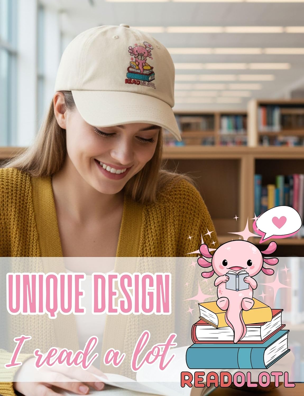 InnoBeta Axolotl Gifts Cap for Book Lovers, Bookish, Women, Men, Adjustable Embroidered Hat Reading Gift for Axolotls Lover for Birthday, Christmas - Image 2