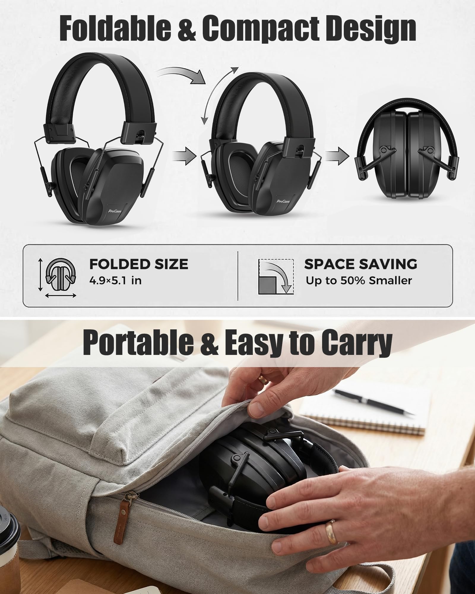 ProCase Hearing Protection Ear Muffs SNR 29dB, Noise Cancelling Headphones for Adults/Teen, Adjustable Soundproof Ear Defenders for Autism Sensory, Work, Shooting, Construction, Mowing -Black view 3