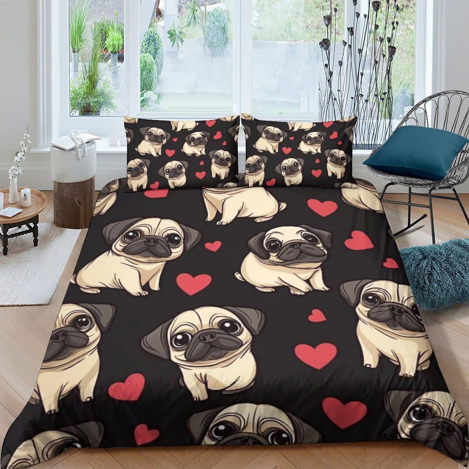 Ctjqhvkz Style-8 3D Printed Pug Dog Fitted Sheet Microfiber Soft Breathable Cartoon Heart Bed Cover For Bedroom Guest Room Decor Single（135X200cm）
