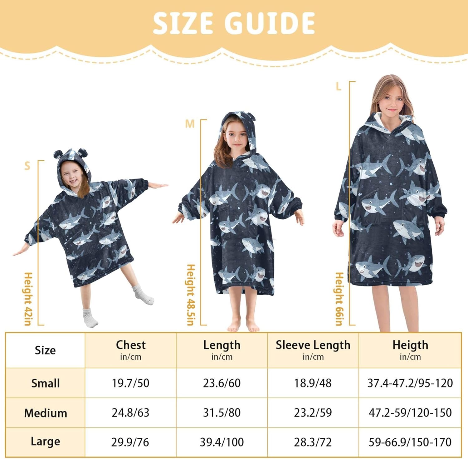 Cute Shark Kids Wearable Blanket Hoodie with Pocket and Sleeves for Toddlers, Cute Hoodies 3-14 Year Girls Boys