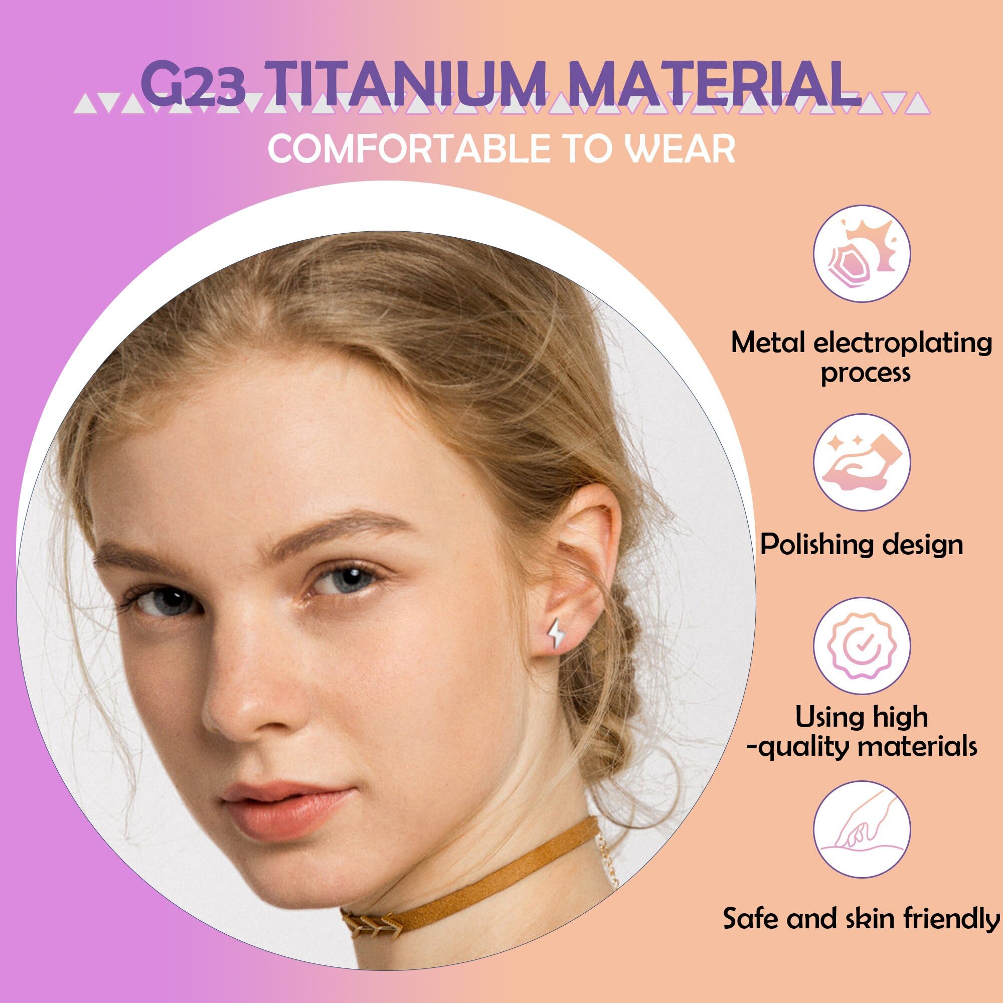 FACOKO Orecchini a lobo da donna in titanio con fondo piatto ipoallergenici, adatti a uomo e donna 5 mm rotondi cavi/croce/fulmine