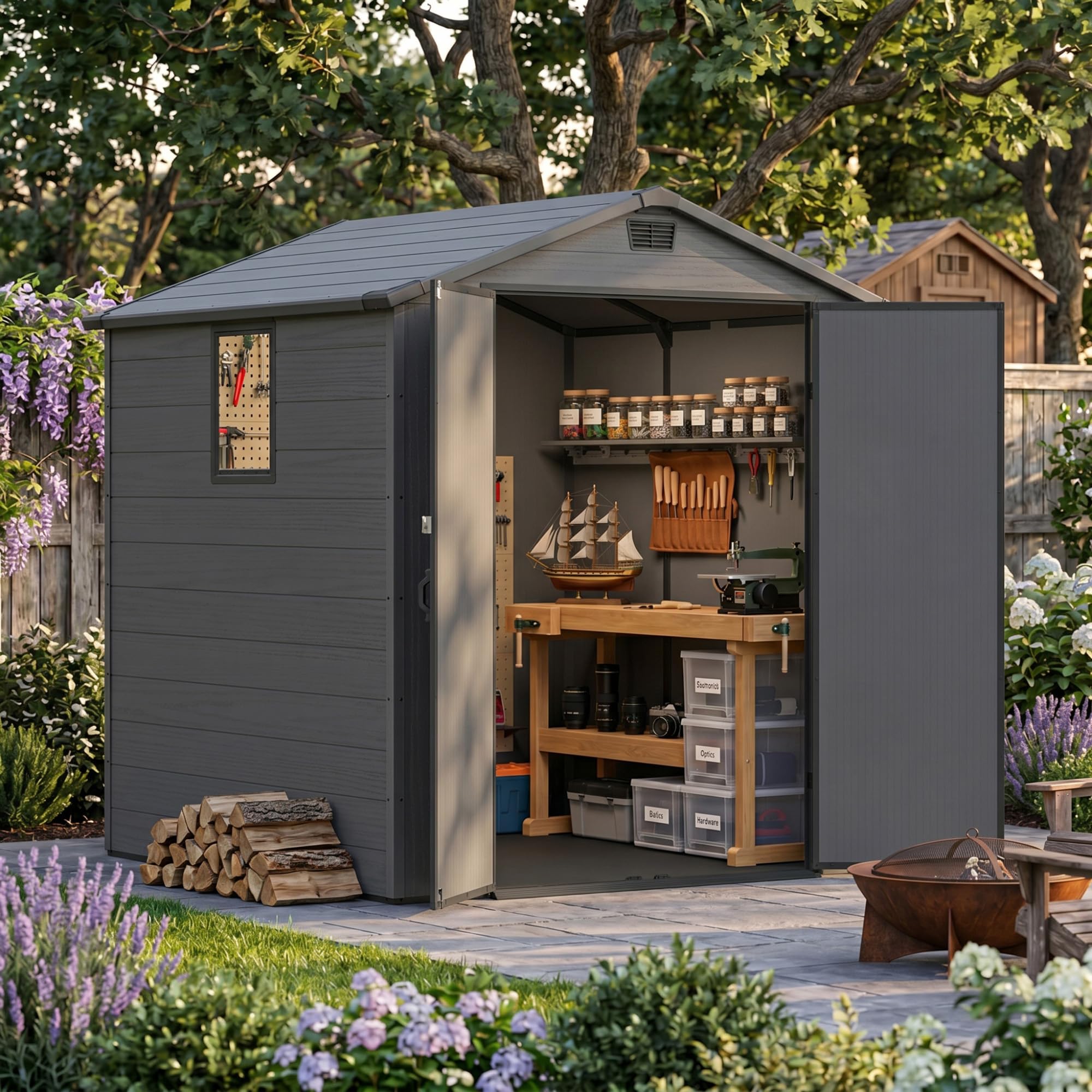 Devoko 6x6 FT Resin Outdoor Storage Shed with Floor, Plastic Garden Shed