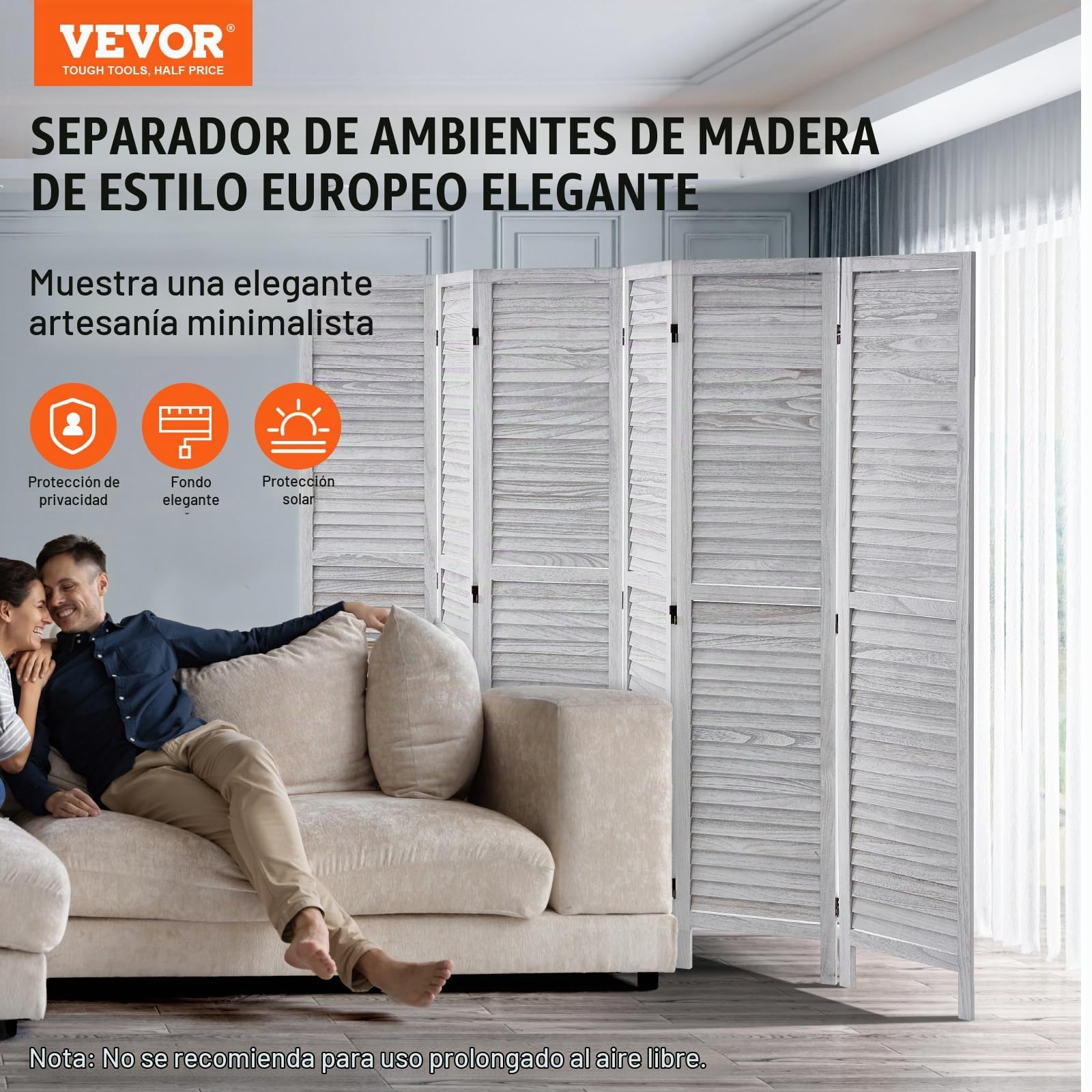 VEVOR Pantalla de Madera Portátil de Estilo Europeo, Biombo Plegable de Madera de 6 Paneles para Privacidad, 2420 x 1700 x 18,5 mm para Separar Habitaciones, Hogar, Restaurante y Dormitorio, Blanco