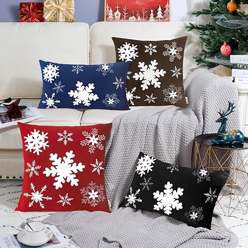 Miniatura 10 de BRAWARM Funda de almohada de Navidad de 18 x 18 pulgadas, funda de almohada bordada de copo de nieve marrón, almohada decorativa de terciopelo suave