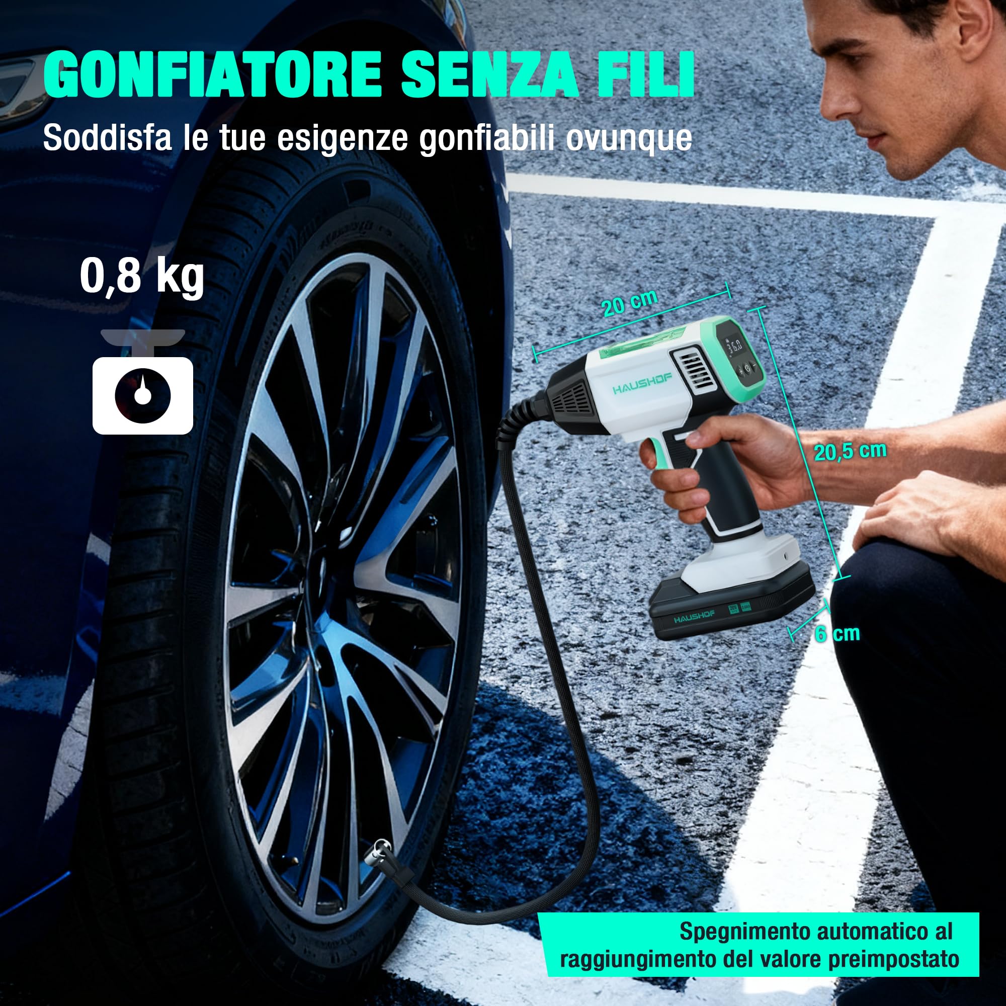HAUSHOF Compressore Aria Portatile, Mini Compressore a Batteria con 2000 mAh, 4 Modi Intelligenti + Manuale, Display Digitale e Spegnimento Automatico per Pneumatici Auto, Moto, Bici e Palloni