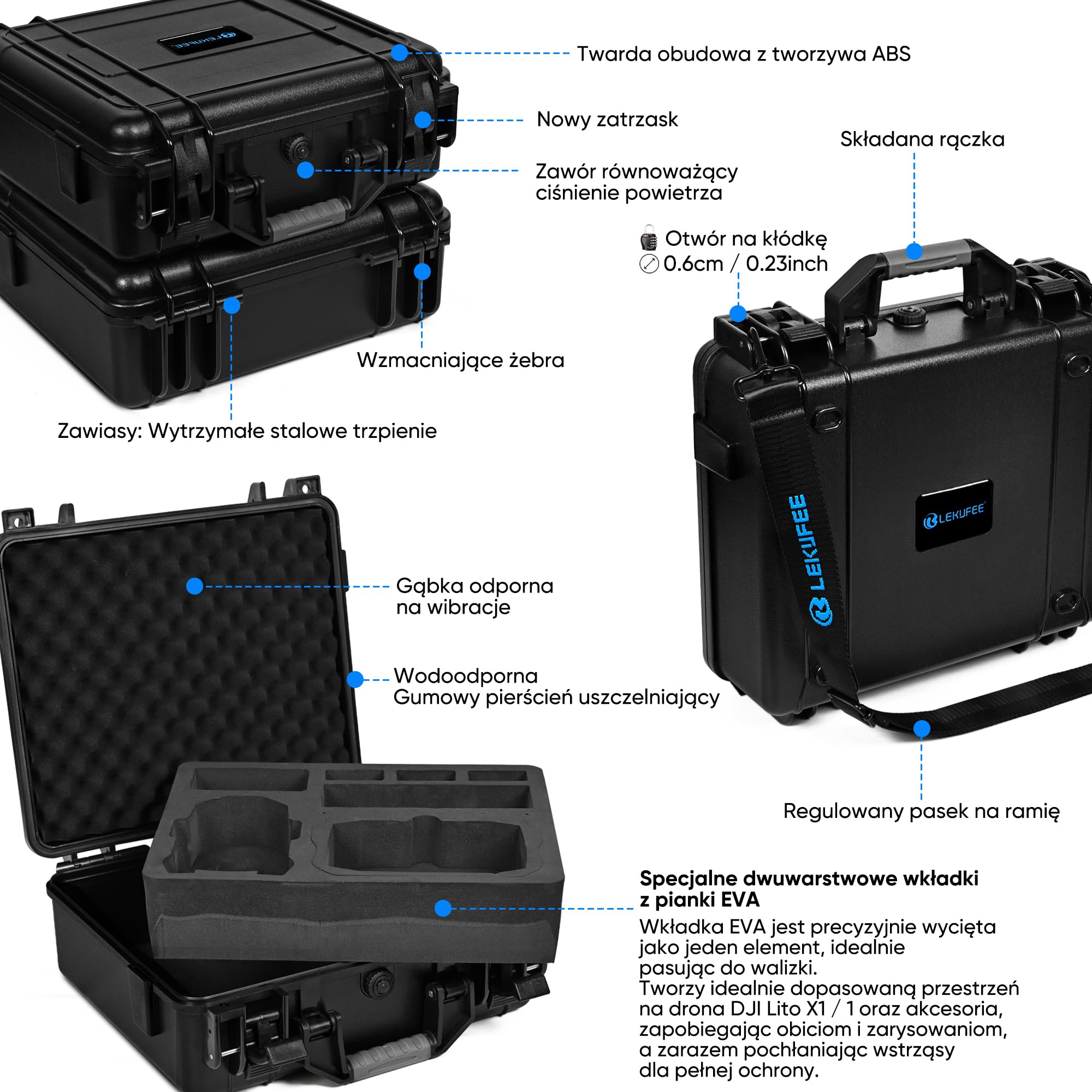 Lekufee Wodoodporna Twarda Walizka Transportowa dla DJI Lito X1, Lito 1 Drone, Fly More Combo, DJI RC 2/RC N3, Baterii (6 szt.), Stacji Ładującej i innych akcesoriów (tylko walizka)