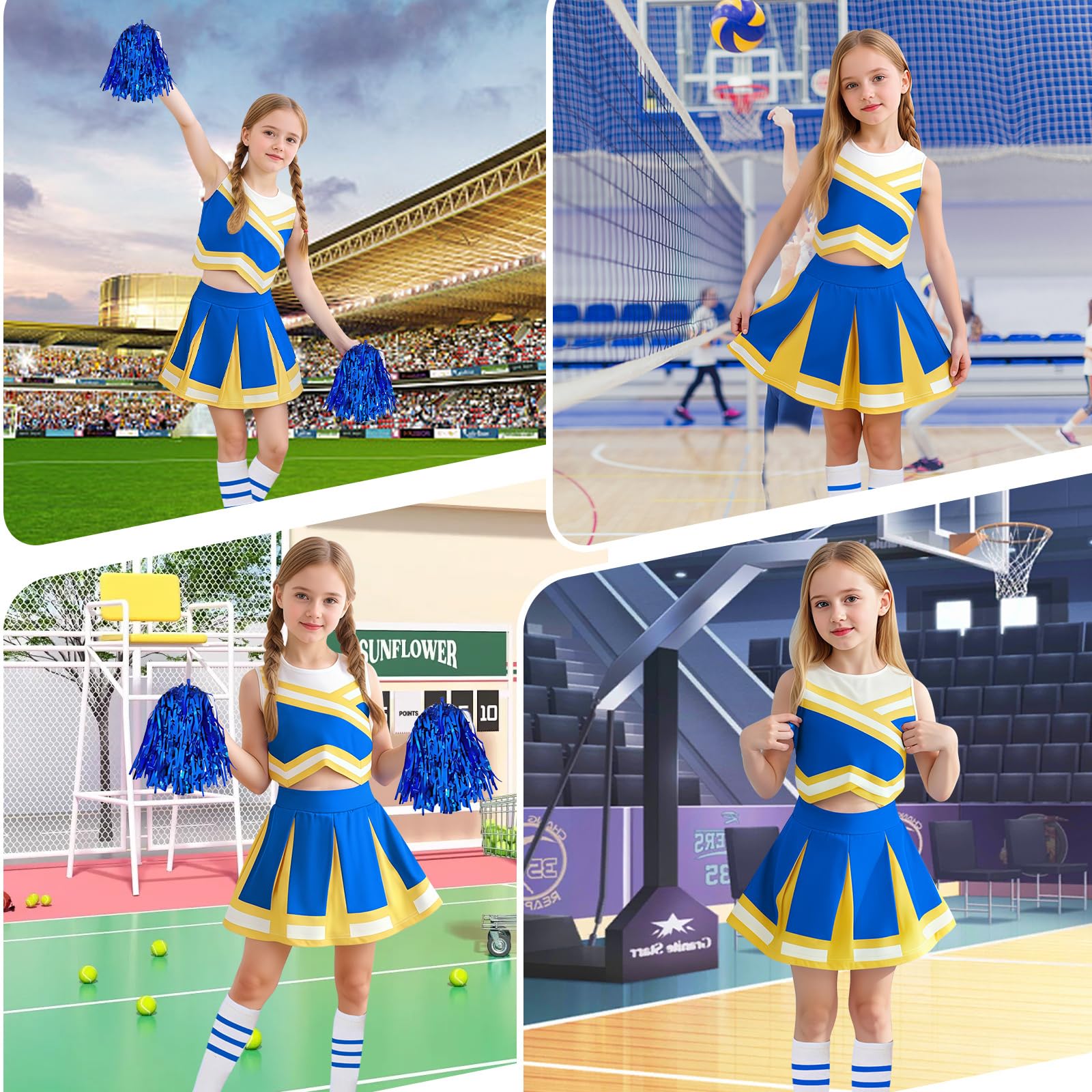 Luckyou Deguisement Pompom Deguisement Cheerleader Uniforme avec Perruques Brillant Pompoms et Nœud pour Carnaval Halloween