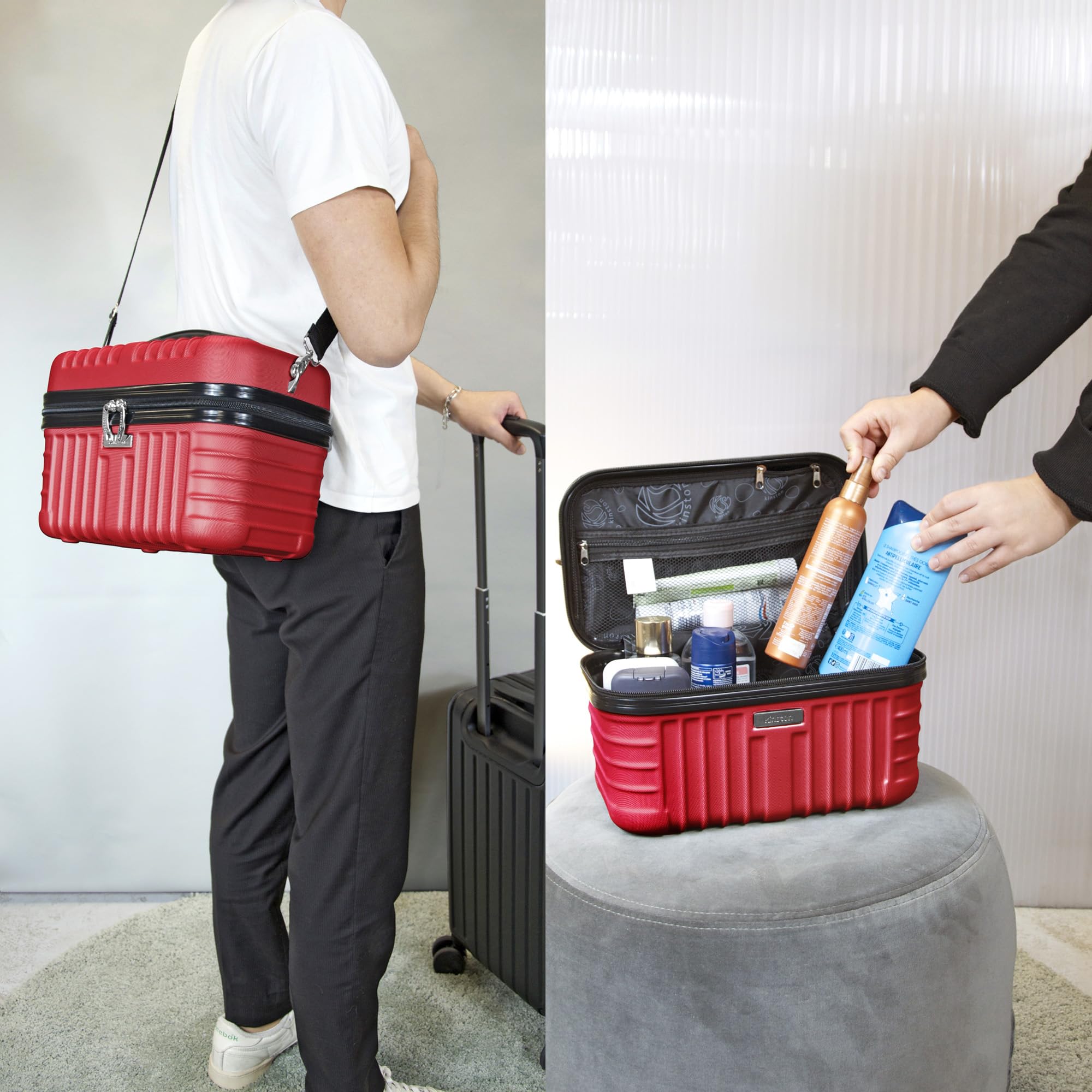KINSTON Vanity Case rigida a tracolla – Astuccio da viaggio cosmetico – rigido con polso, organizer da viaggio – grande capacità, rosso