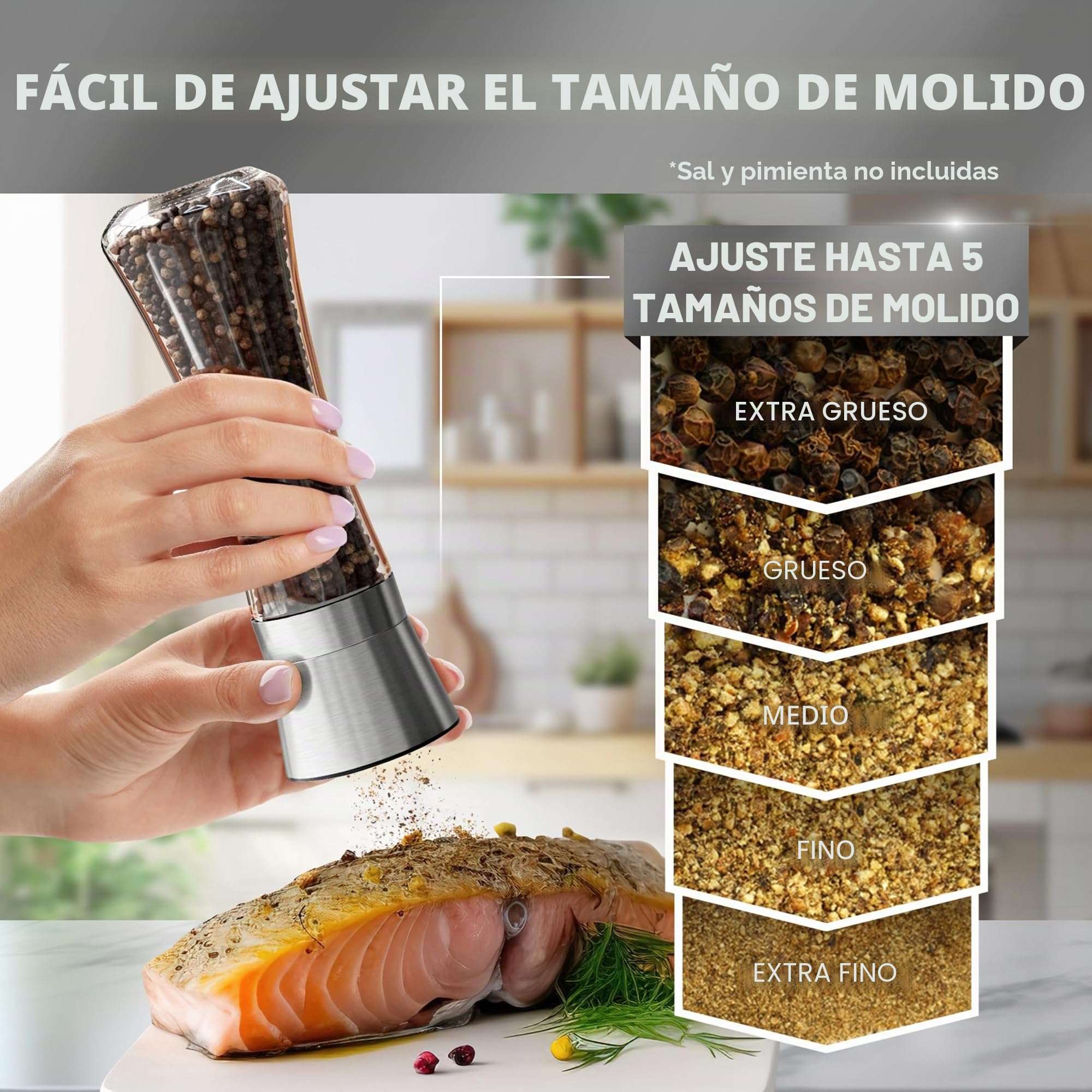 Home EC Set de Molinillo de Pimienta y Sal de Acero Inoxidable – Molinillo de Sal y Molinillo de Pimienta Manual con Moledor Cerámico Ajustable – Molinillo de Sal y Pimienta con Bote de Cristal Alto