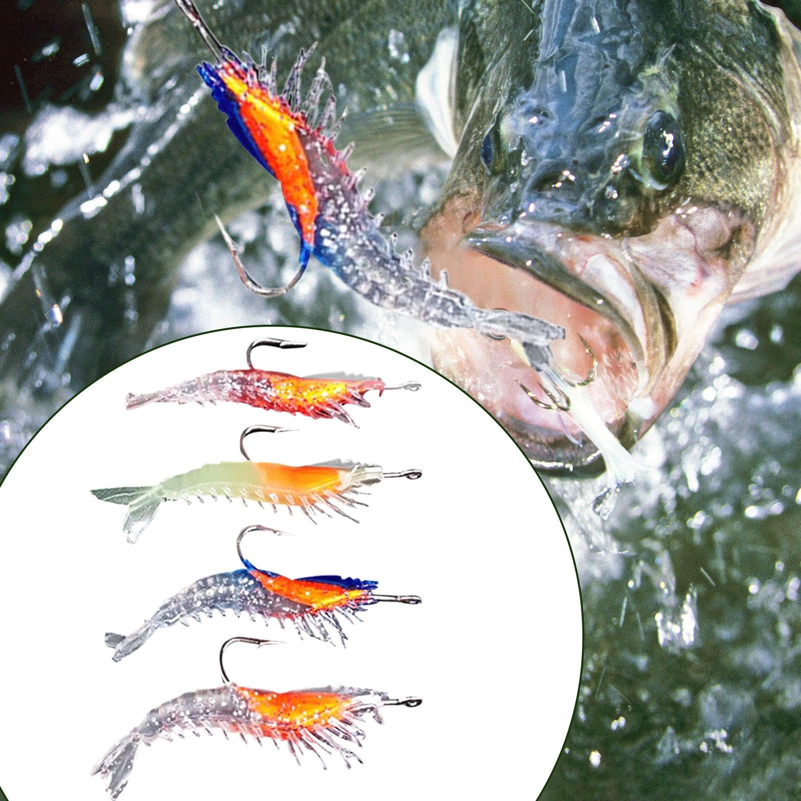 Esche di Gamberetti, Esche Acqua Salata, 4 Pezzi Artificiali Luminose per Branzino sul Mare Lago Fiume Spiaggia Riva