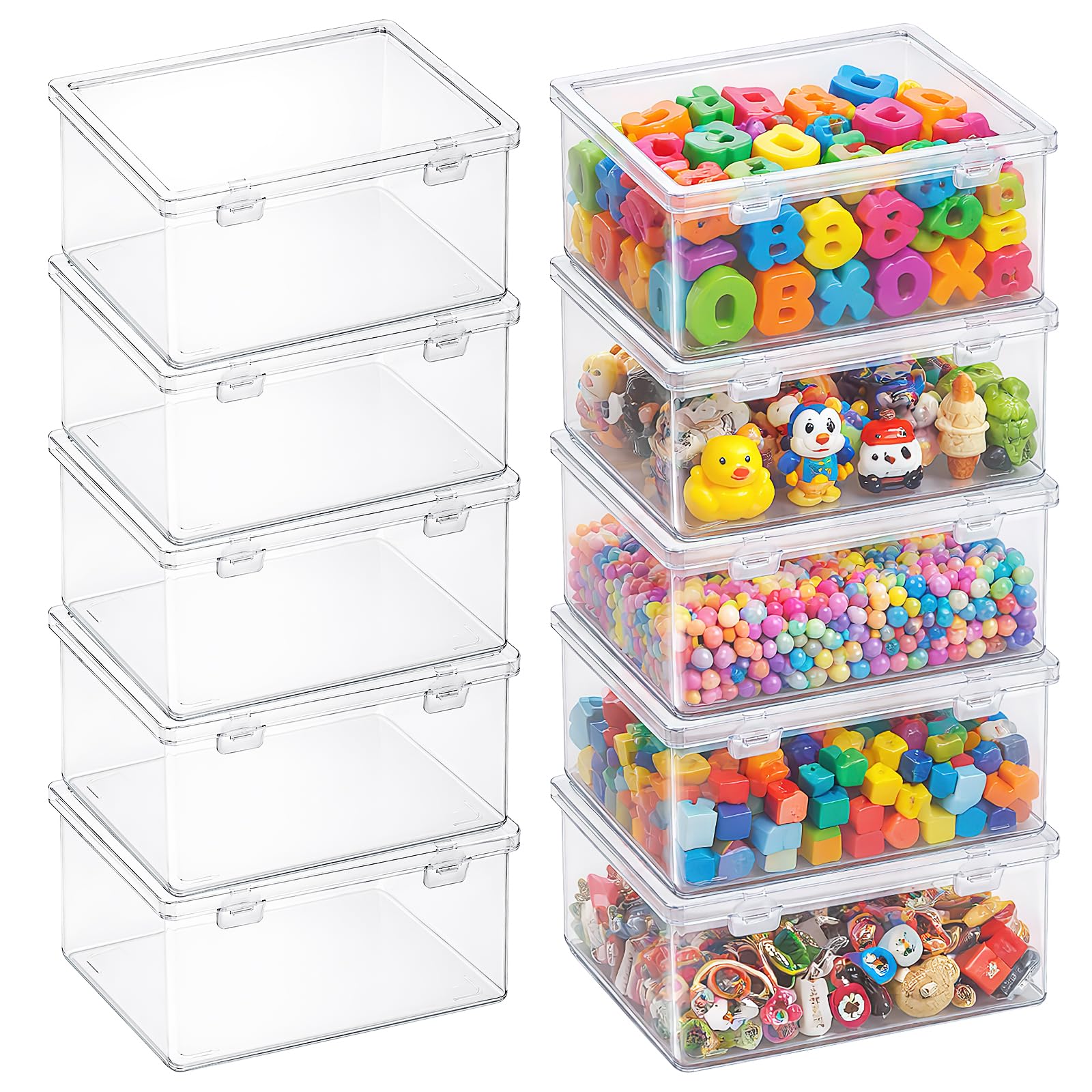 JTKDG 10 Pcs Plastic Playroom and Gaming Storage Organizer Box Containers Stackable Clear Storage Bins with Lids for Shelves Cubbies, Holds Small Building Blocks, 18 x 13.6 x 8.7cm