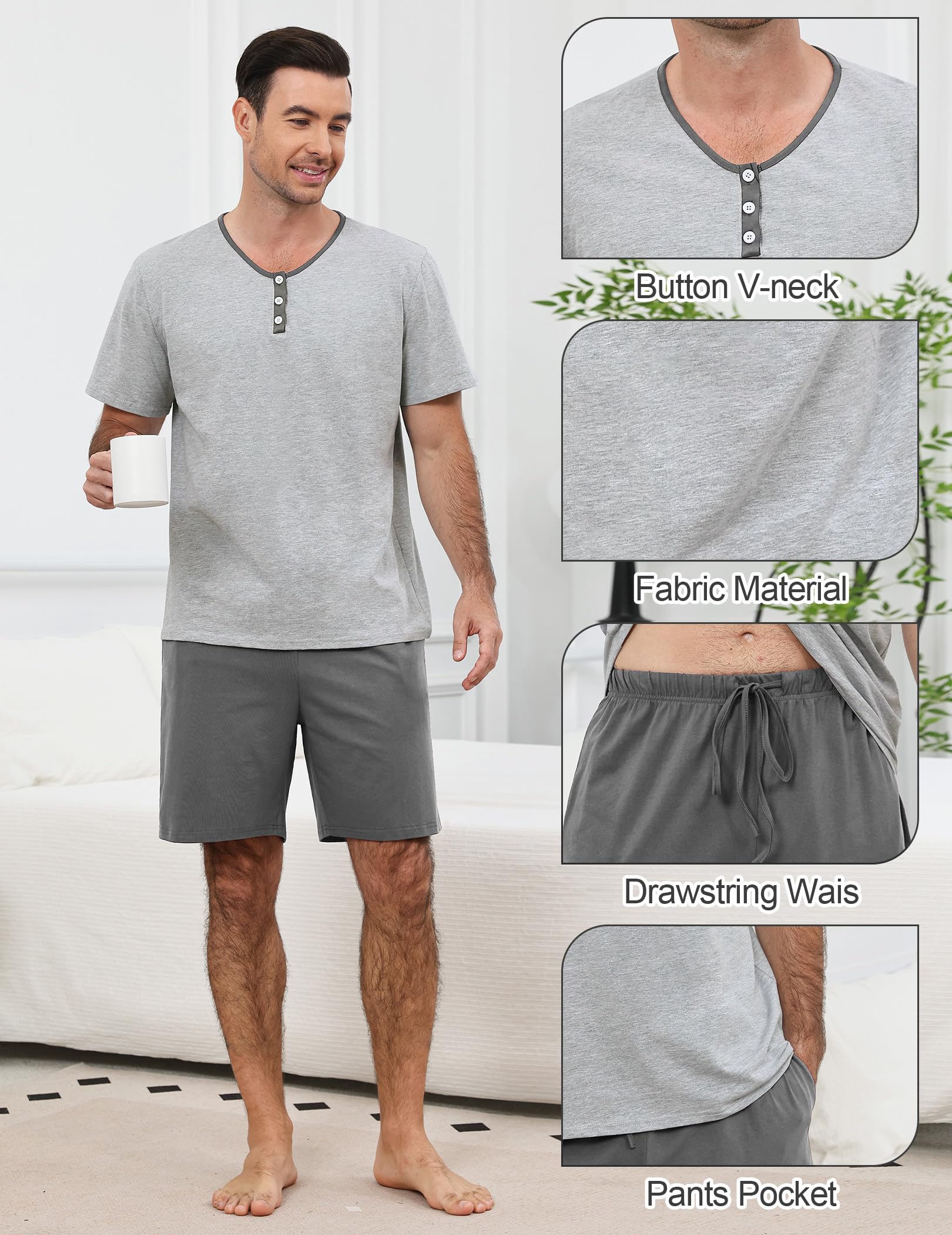Pijama Hombre Corto Algodon para Verano, Ropa de Dormir Dos Piezas, Conjunto Manga Corta Camiseta con Botones y Shorts con Bolsillos, Suave y Cómodo Pijamas para Salir S-XXL