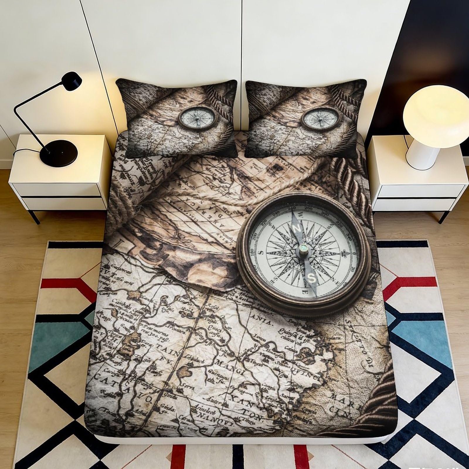 3D Printed Vintage Map Fitted Sheet Microfiber Soft Breathable Compass Mattress Cover for Bedroom Dorm Decor 90x200x25cm