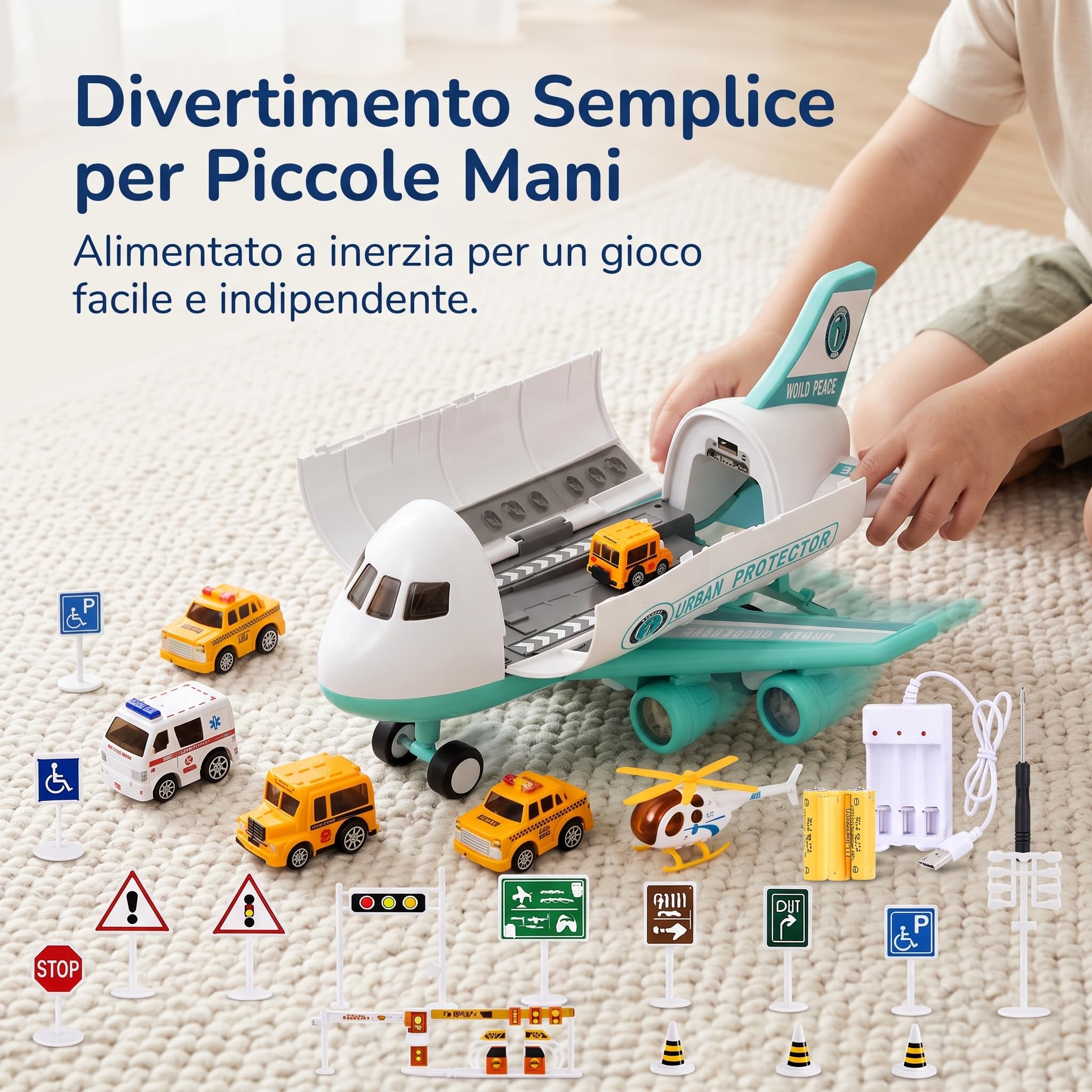Aereo Giocattolo per Bambini con Veicoli e Suoni, Gioco a Inerzia Ricaricabile, aereo polistirolo per bambini