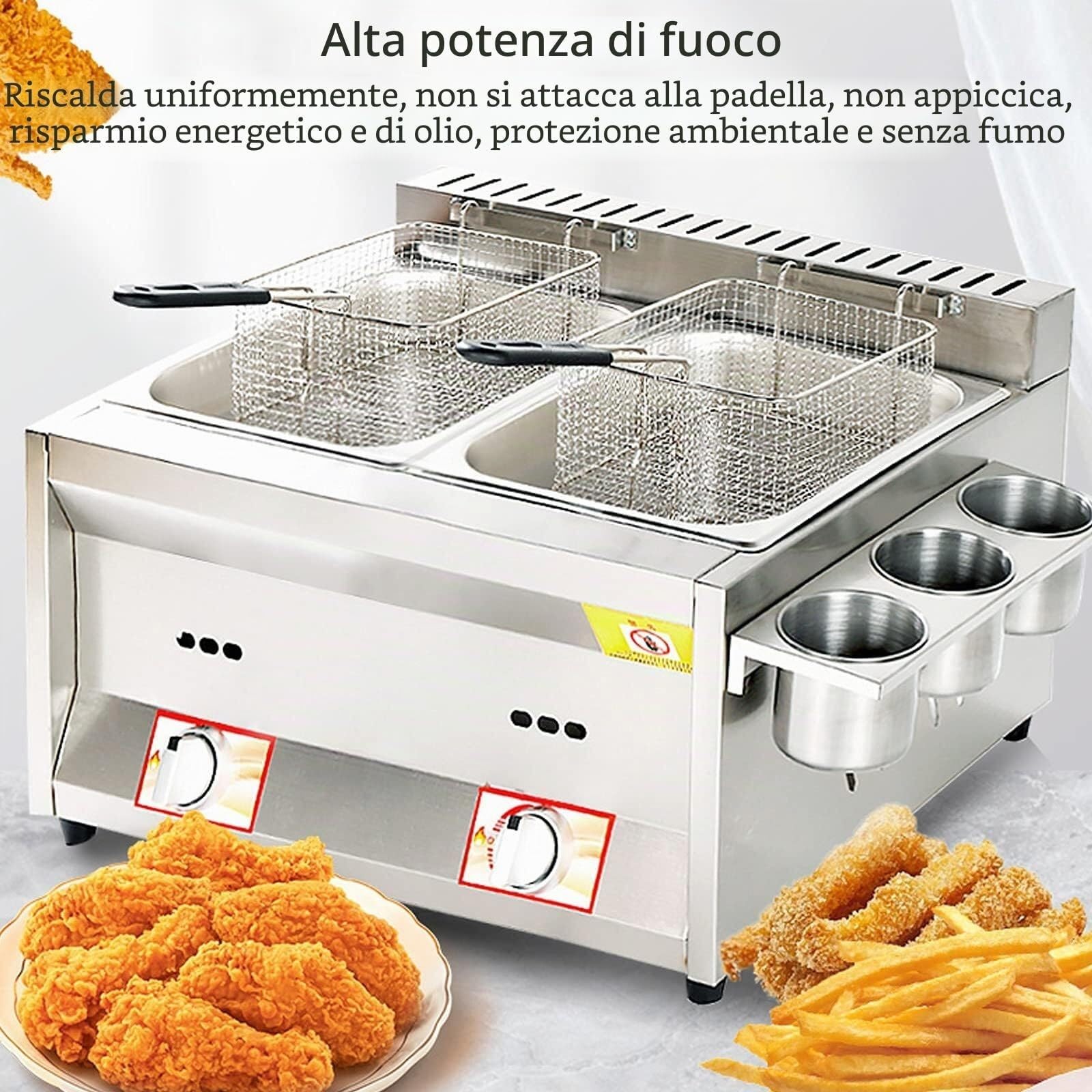 Friggitrice a gas di grande capacità in acciaio inossidabile, friggitrice GPL domestica e commerciale, fiamma regolabile, completa di cestelli e coperchi, per patatine, ciambelle e pesce(8L+8L+8L)