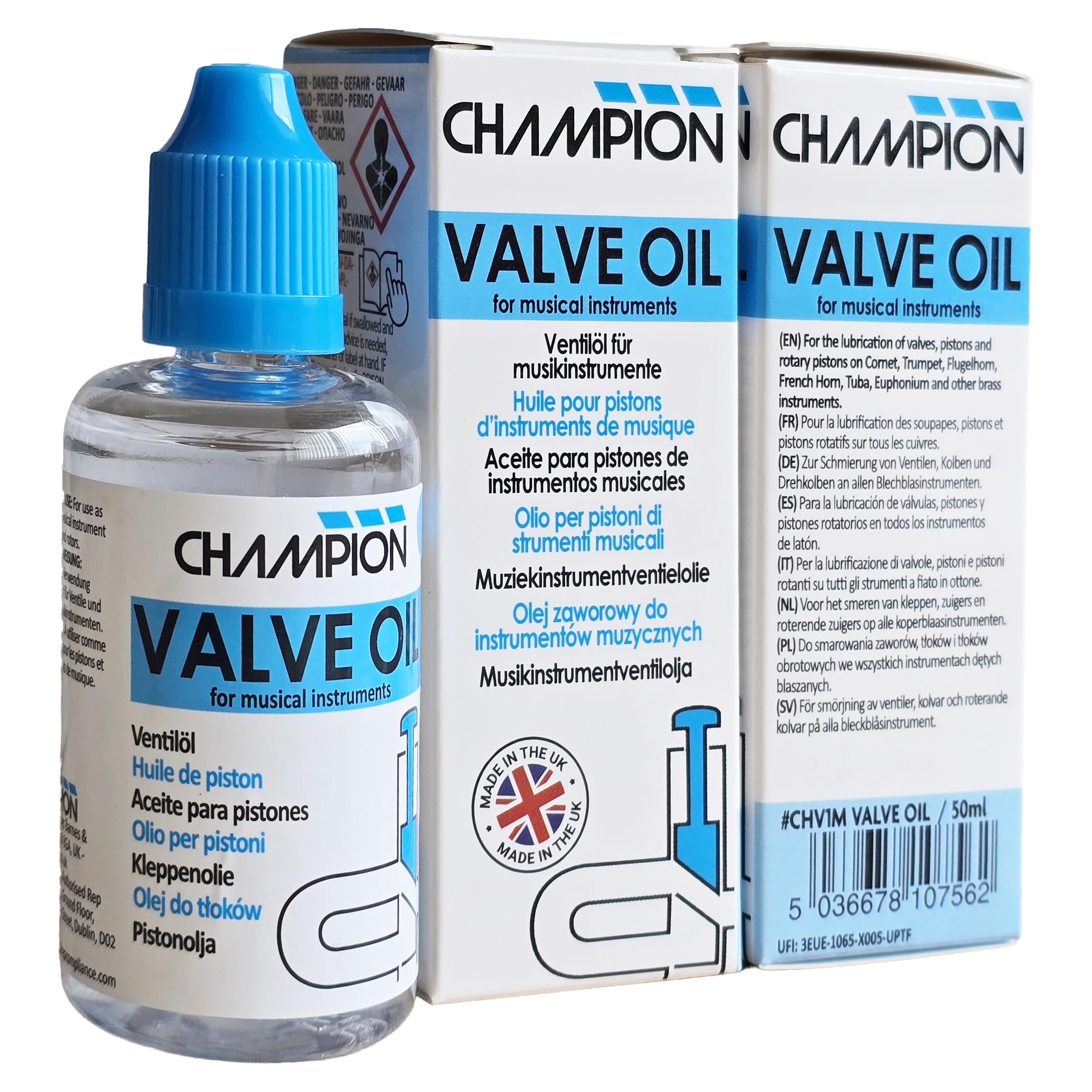 Champion huile pour pistons. Pour trompette, cornet, euphonium, tuba, baryton, cor ténor, helicon et plus. Formule éprouvée pour tous niveaux. Fabriquée au Royaume-Uni. 50ml