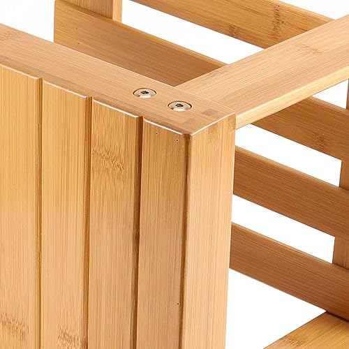 Miniatura 5 de HOIGON Paquete de 2 taburetes de bambú de 13 pulgadas, taburete de bambú con estante de almacenamiento, taburete de bambú para el hogar, jardín, baño