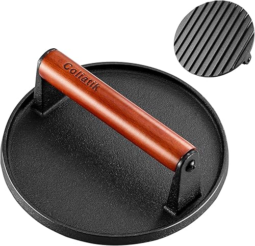 Coliatik Prensa de hamburguesa rectangular de 8.3 x 4.3 pulgadas, kit de hierro fundido resistente con mango de madera, perfecto para cocinar a la