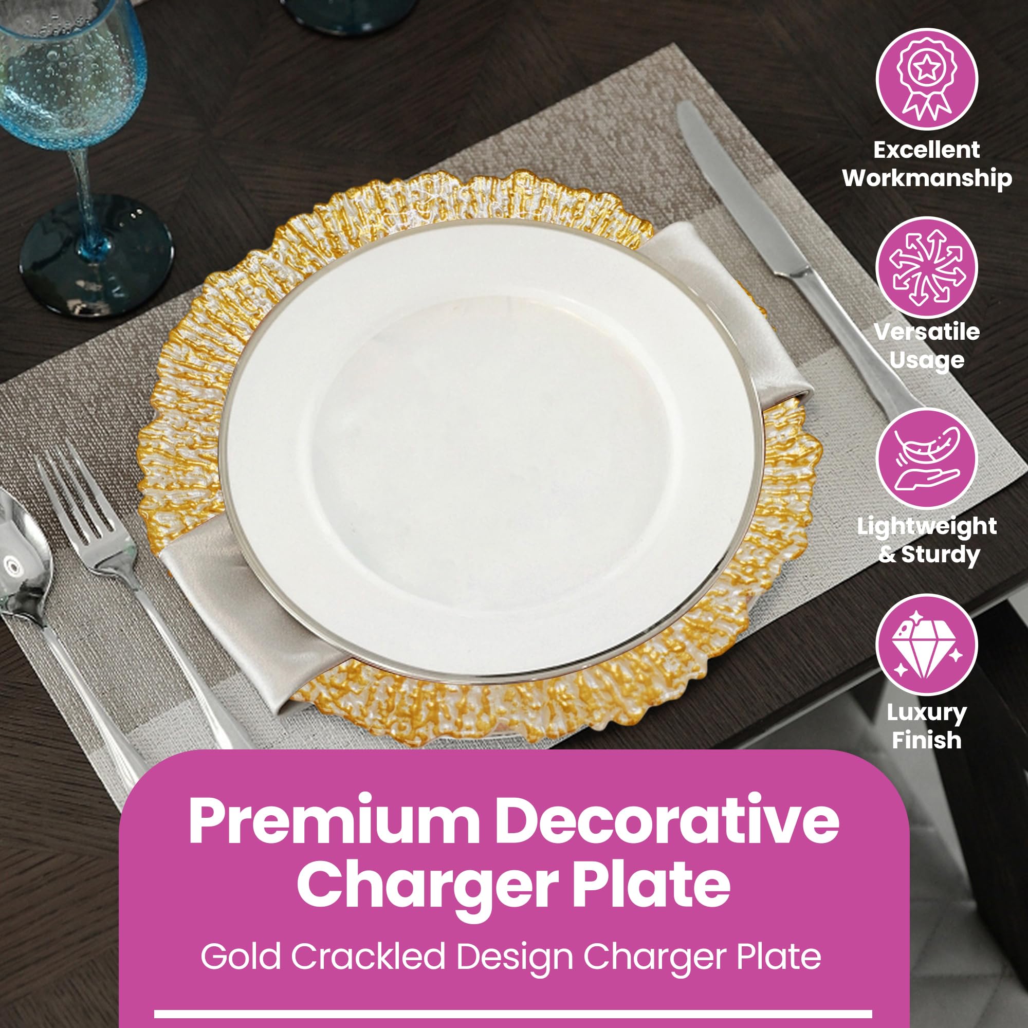 WedDecor 13 pollici bianco 12pcs piatti di carico con oro craquelé floreale design 6pcs - perfetto per matrimoni, feste, decorazioni da tavolo da pranzo ed eventi speciali - Piatti di vetro per