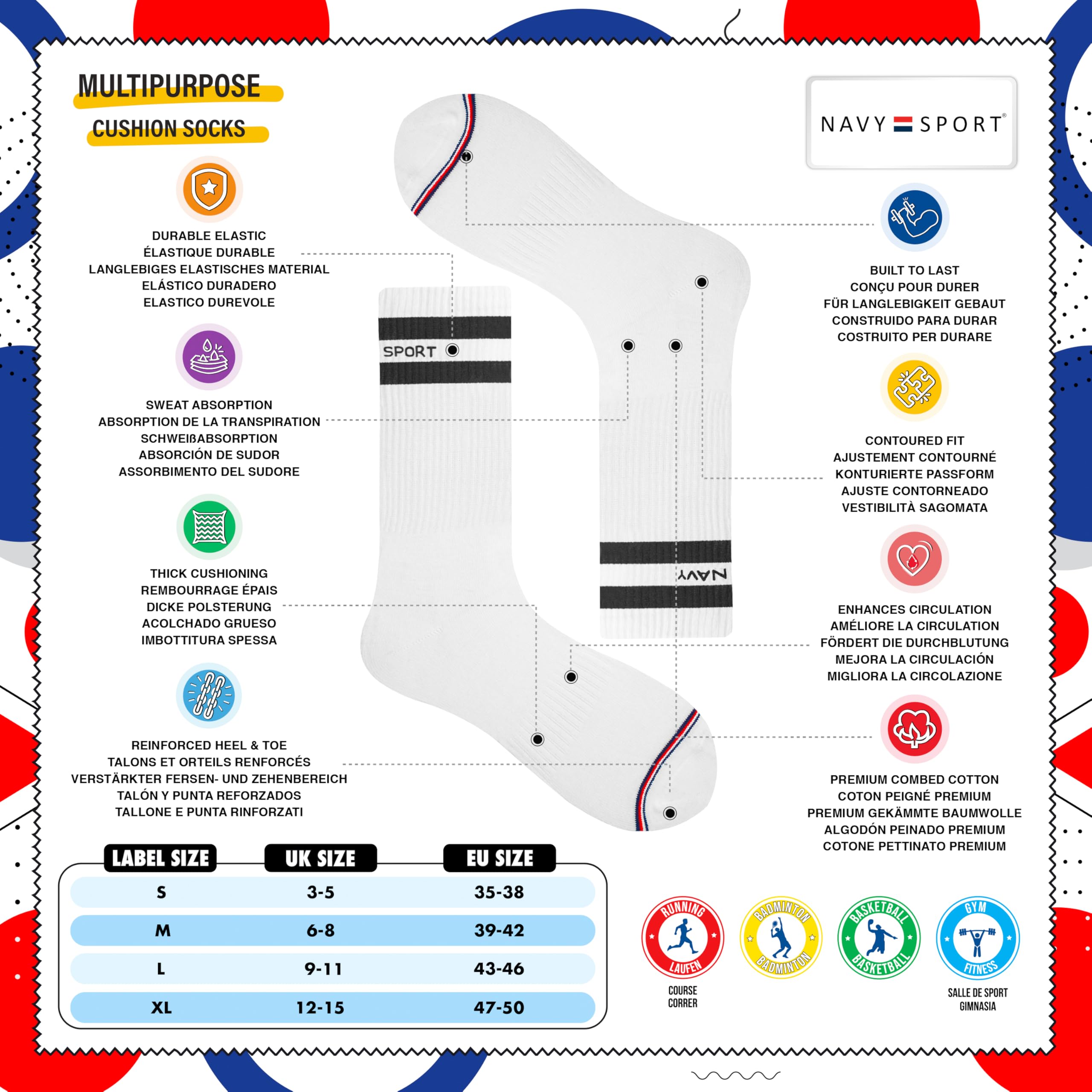 NAVYSPORT Advance Serie calzini sportivi da uomo con cuscino attivo extra resistenti multiuso, Multicolore, Confezione da 3.