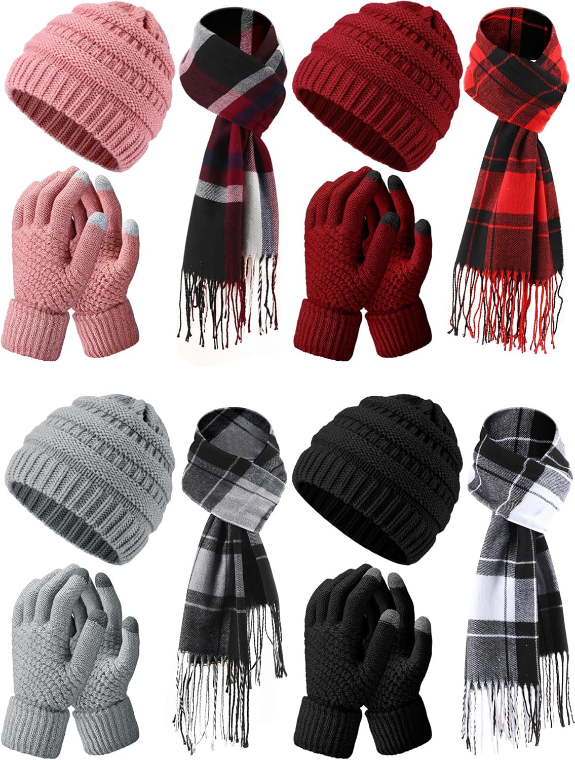 12 Pcs Winter Warmer Set Including Knit Beanie Hat Long Scarf Touch Screen Gloves for Men Women