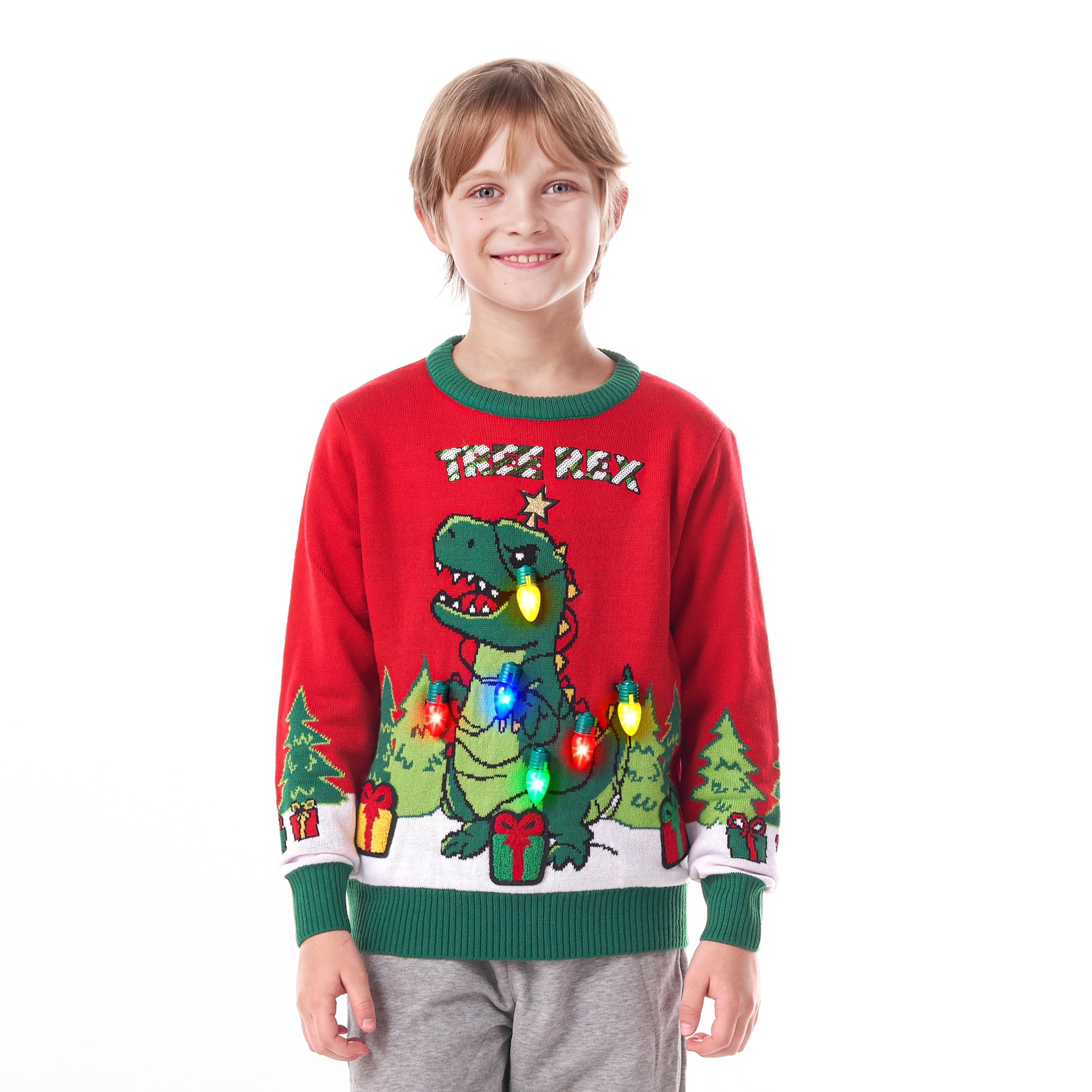 Giggling Getup Suéter feo de Navidad, suéter feo de dinosaurio con luz LED, suéter feo de Navidad