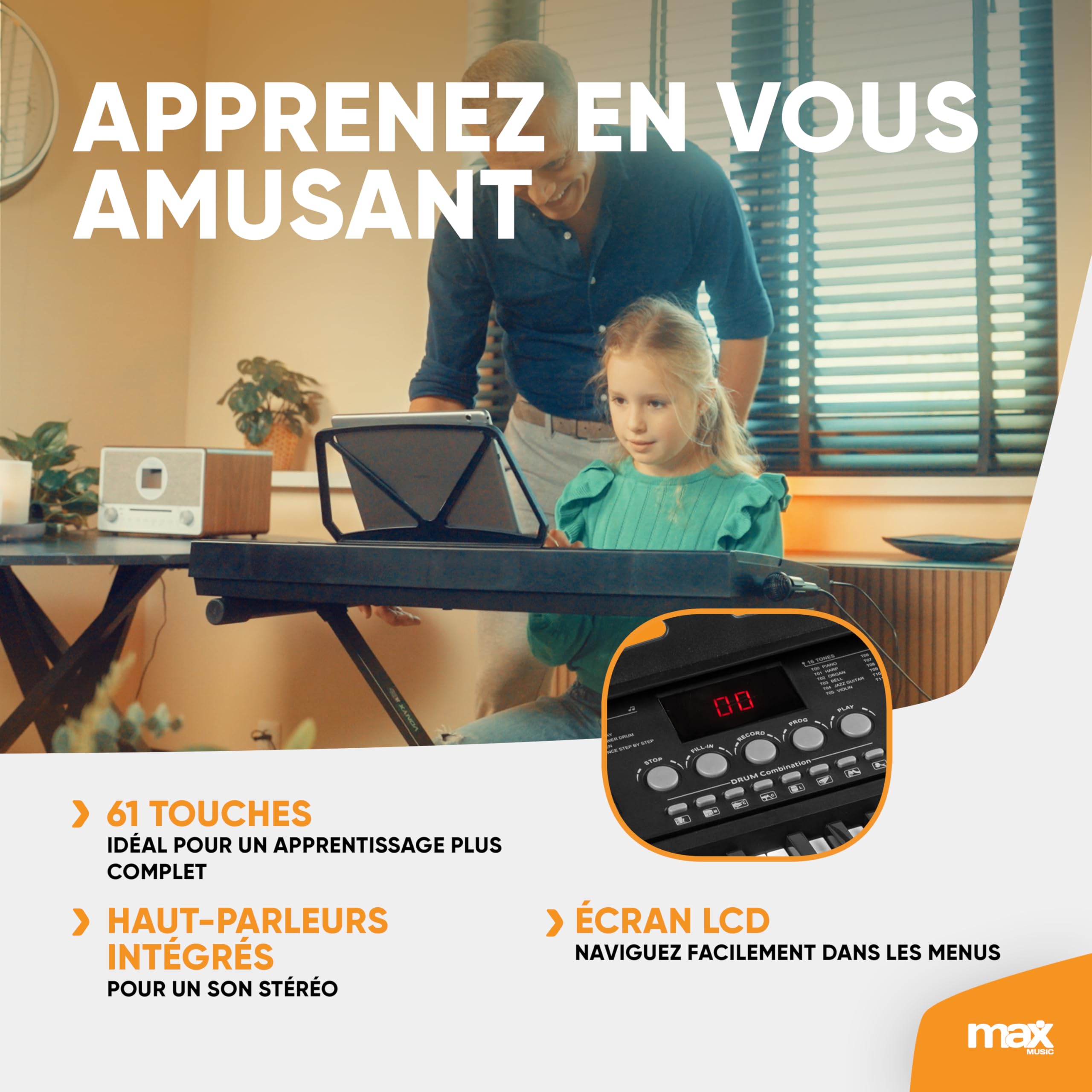Max KB15 Clavier Électronique 61 Touches Stand et Casque Audio Inclus | Apprentissage Musical pour Débutants, Expérience Interactive et Ludique, Deux Haut-parleurs Intégrés, Pratique Maison