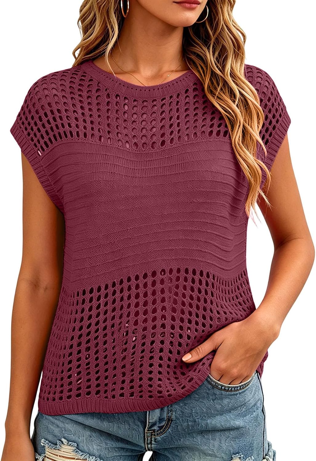 Women's Crochet Knit Tops Round Neck Short Sleeve Hollow Out Summer Shirts Casual Loose Fit Beach Cover‑Up Blouse