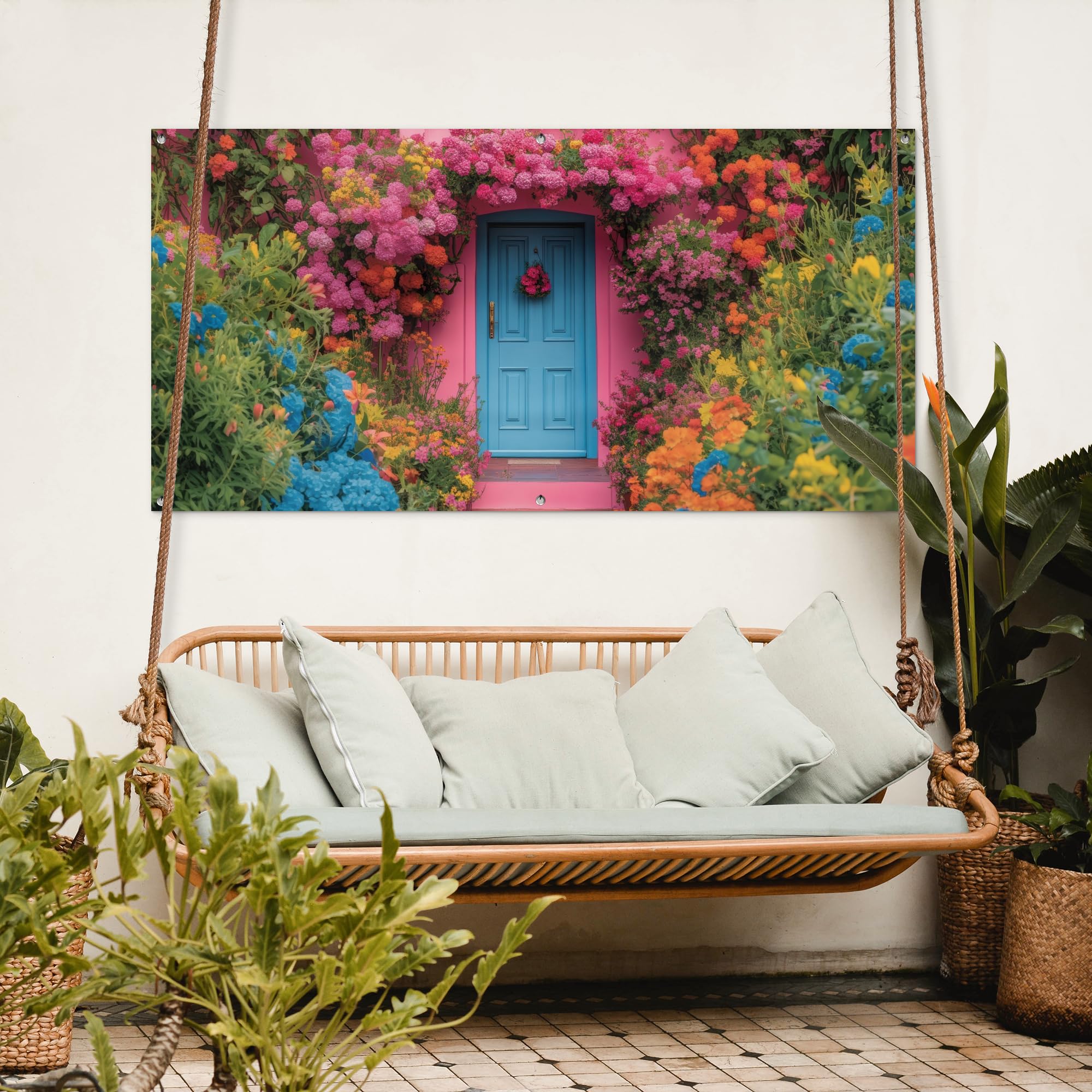 MuchoWow© Decoracion Jardin Exterior Decoración Pared Póster De Jardín | 160x80 cm - Balcón Wall Decoration Patio Posters Decorativos Terraza Flores - Puerta - Rosa