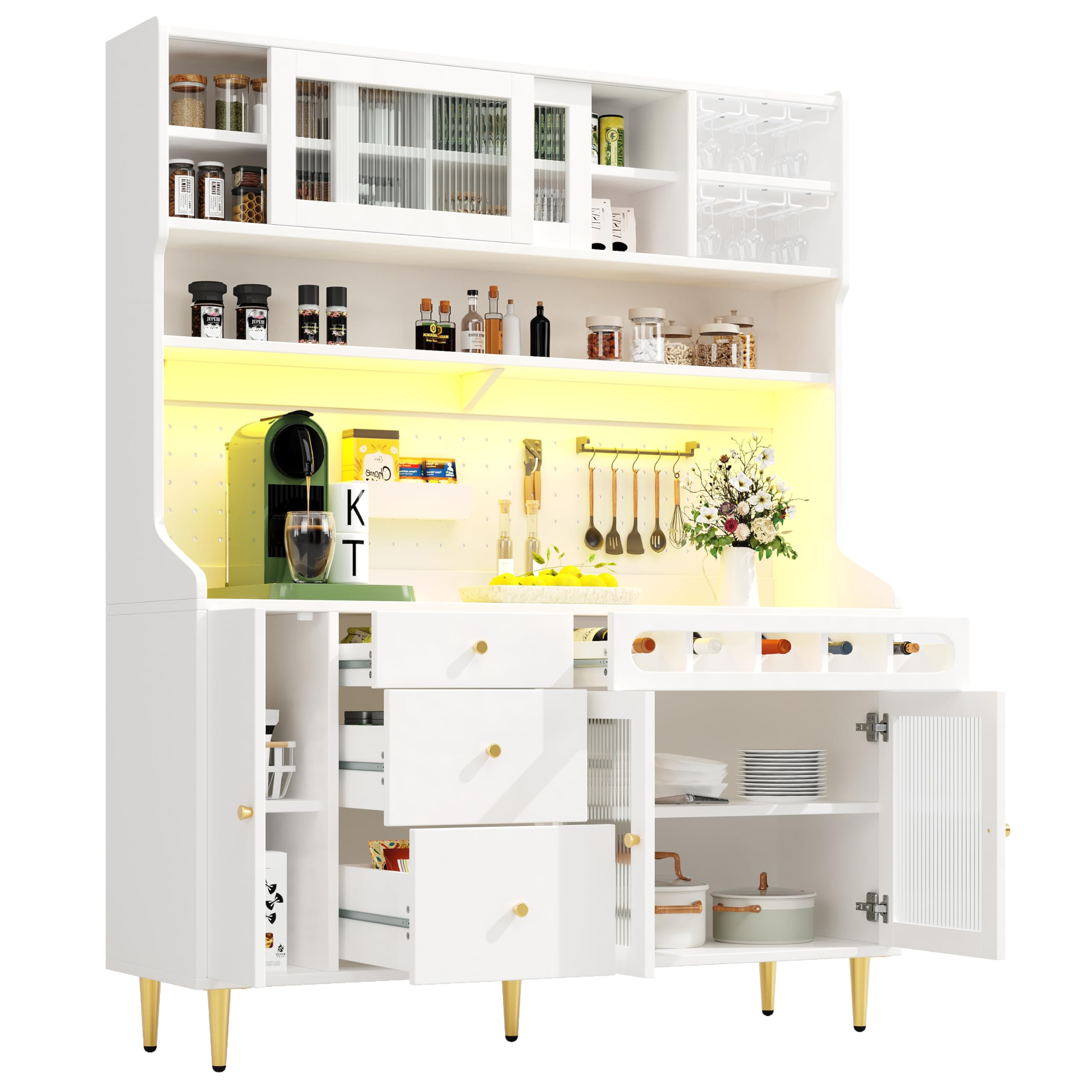 DRIXNO Hochschränke, Küchenschrank mit Arbeitsplatte, Buffetschrank, Schränke mit LED-Beleuchtung, Schublade mit Weinregal, Großer Stauraum, Küche, Wohnzimmer, Esszimmer, 145x39x171 cm, Weiß