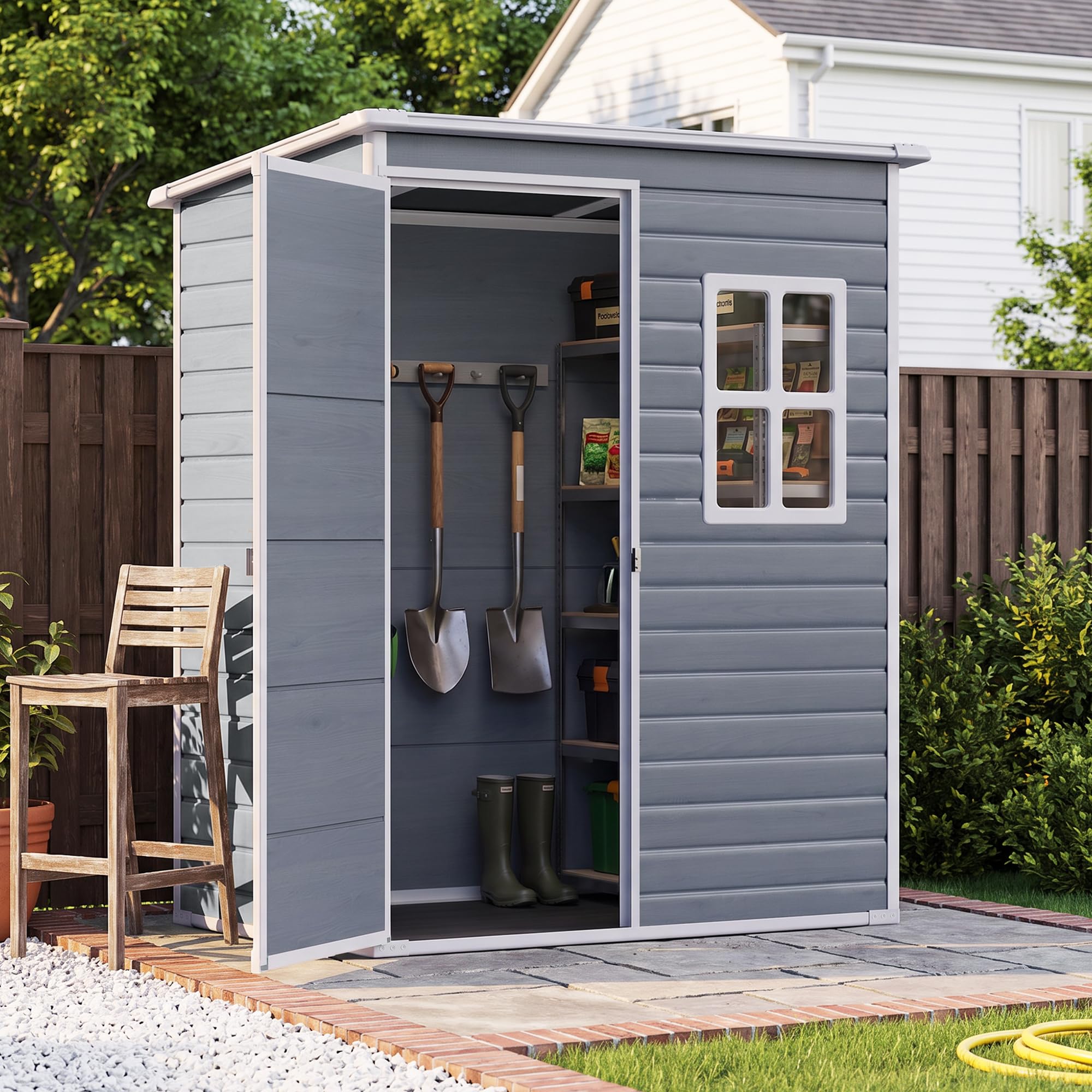 Casetta da Giardino in Resina,Capanno Porta Attrezzi Intemperie con 1 finestra, 1 porta 156×104×186 cm,Grigio