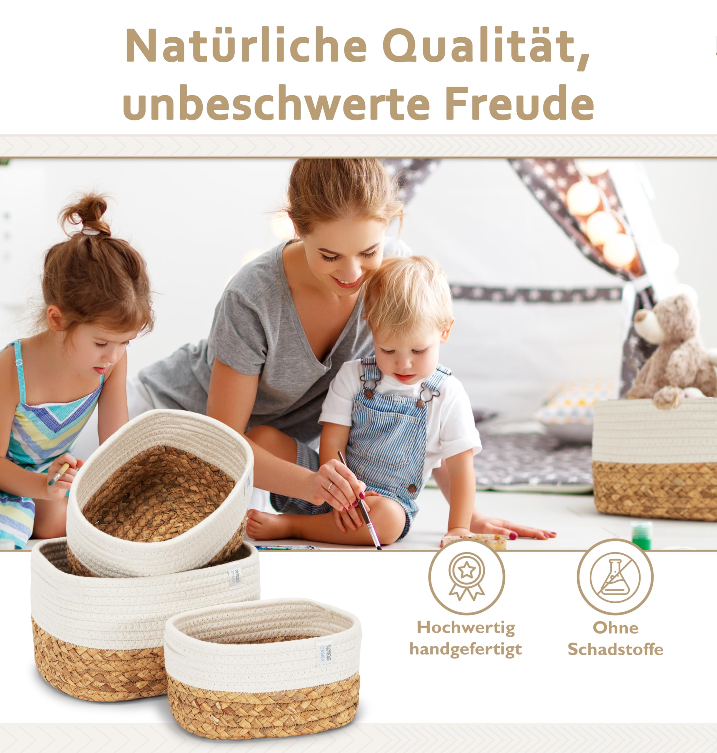 Aufbewahrungskörbe 3er Set aus Wasserhyazinthe und Baumwolle, Bad Aufbewahrungskorb geflochten als Badkorb zur Badezimmer Aufbewahrung & Bad Organisation creme-weiß