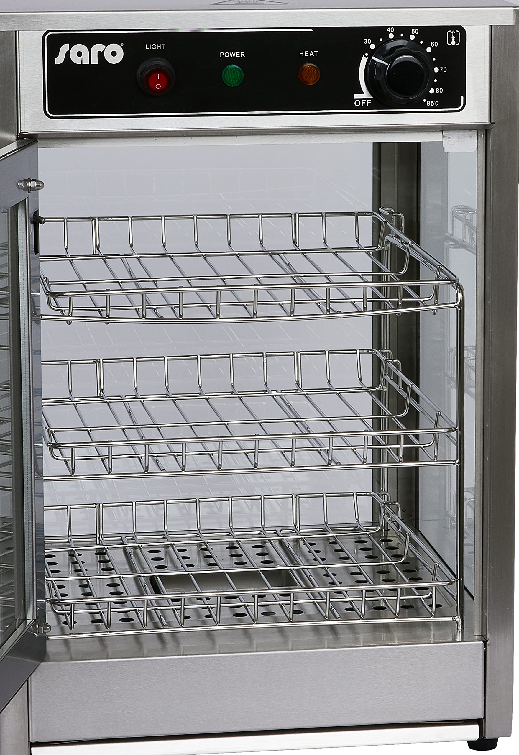 SARO FIONA - Vetrina da banco riscaldata, da 43 l, 350 x 350 x 520 mm (l x P x H), con 3 griglie cromate, illuminazione interna, temperatura regolabile manualmente 30-85 °C, corpo in acciaio inox