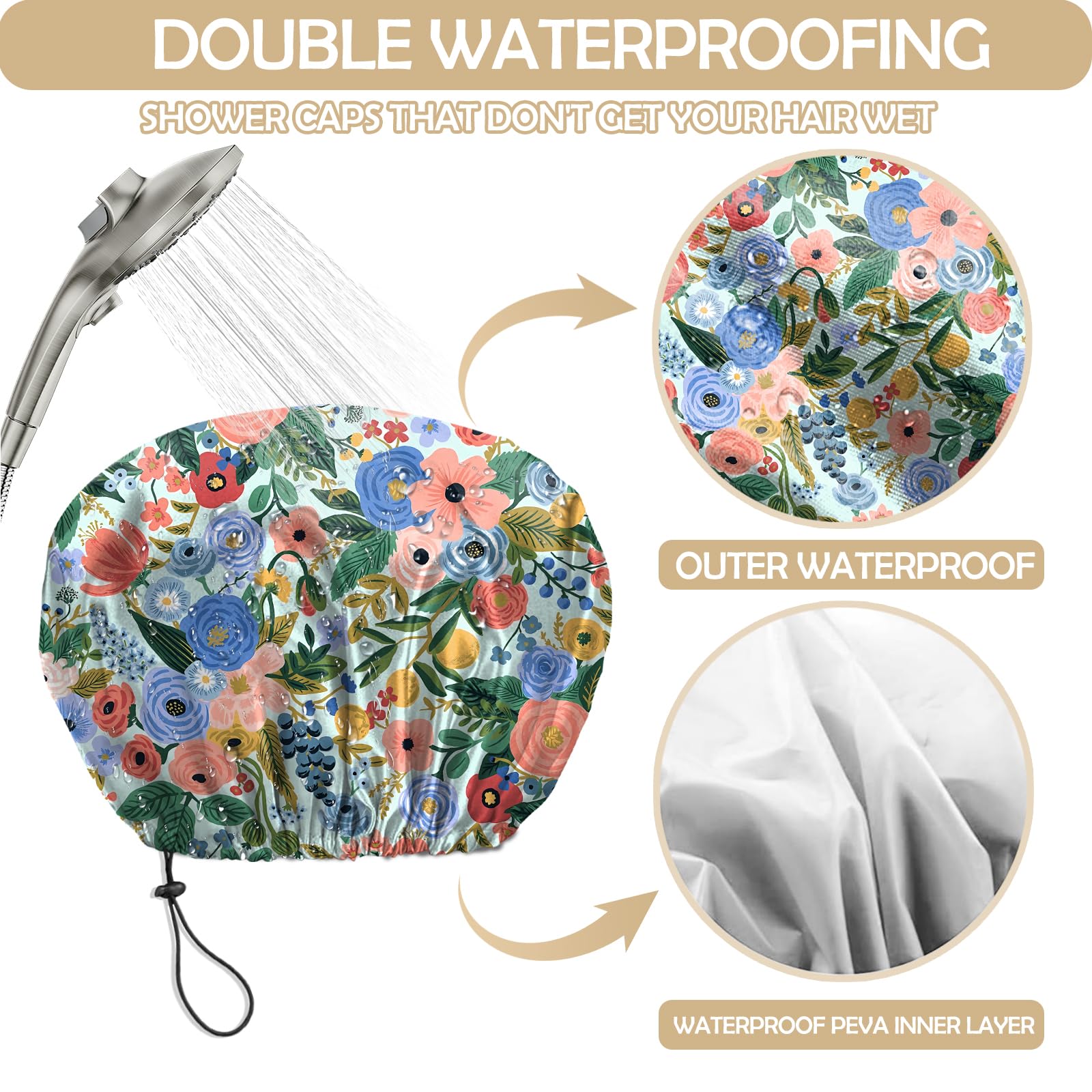 BHAHB 2 PCS Shower Cap Reusable Waterproof Double Layer Elastic Adjustable Hair Bath Caps Cute Aesthetic for Women Girls (V16-Flowers Rose) - Image 3