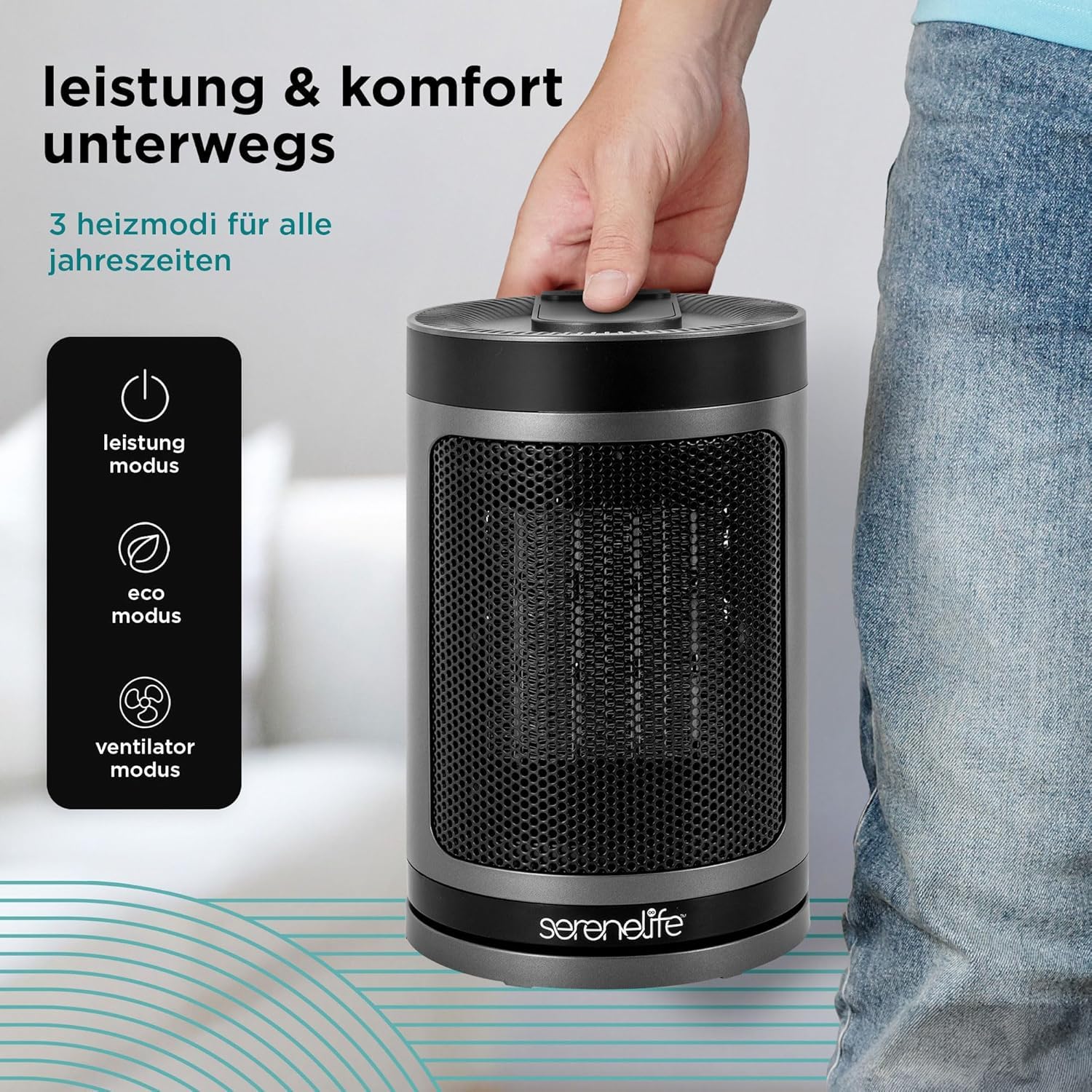 SereneLife Heizlüfter 1500W PTC Keramik, Leise & Energiesparend, WiFi Thermostat mit Fernbedienung, 70° Oszillation
