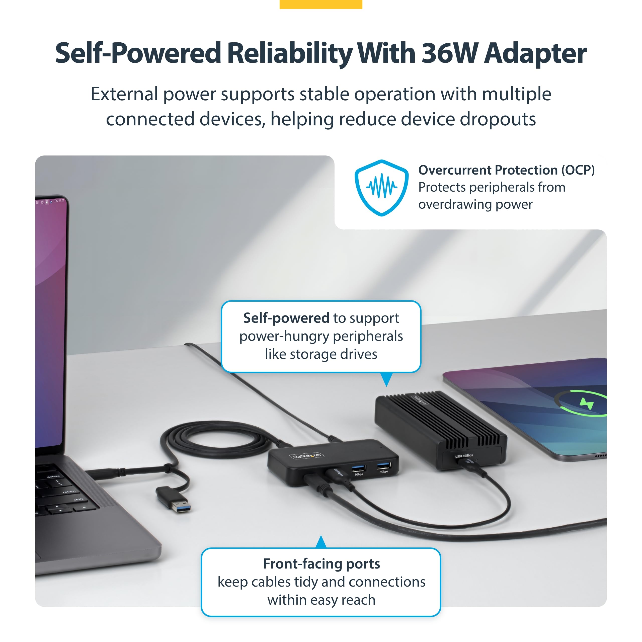 StarTech Hub USB-C/USB-A 4 Porte 5Gbps, 36W, Autoalimentato (311UE-USB-HUB) | Cavo Host USB-C/USB-A, 1x USB-C e 3x USB-A, 1x BC 1.2