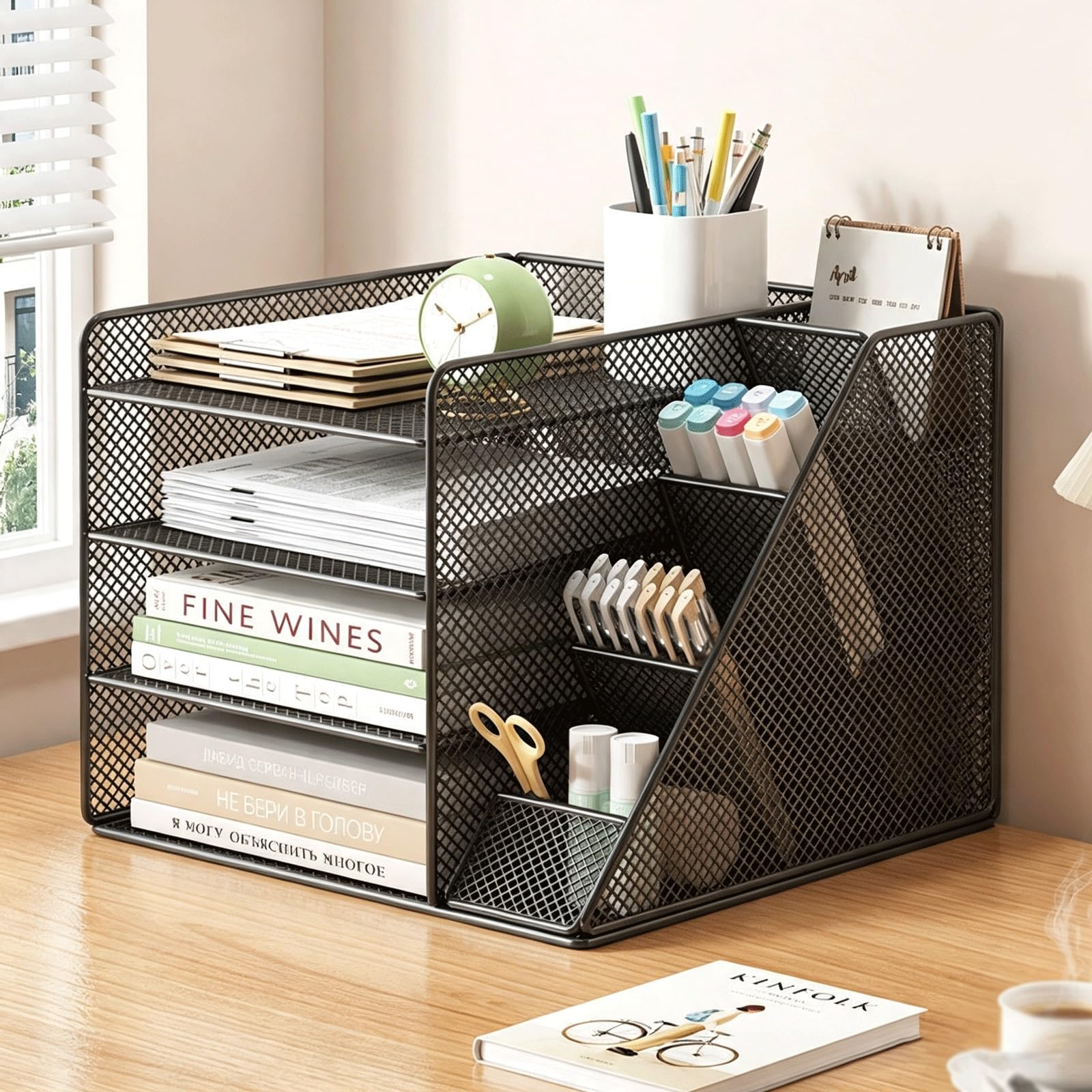 Organizador de Escritorio con Bolígrafos, Bandeja para Cartas de 4 Niveles, Malla Organizador Estacionario para el hogar, oficina y escuela(Black,Right)