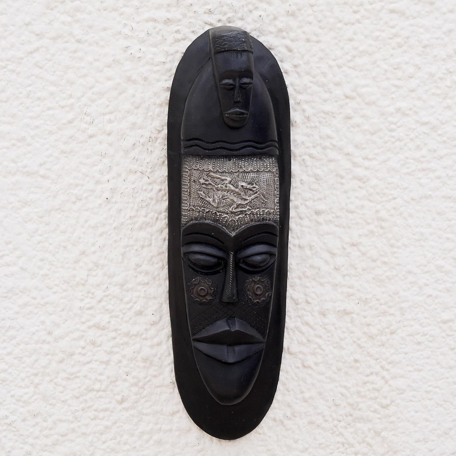 NOVICA Decorative Large Sese Wood and Aluminum Mask, Black, Festive Wisdom'