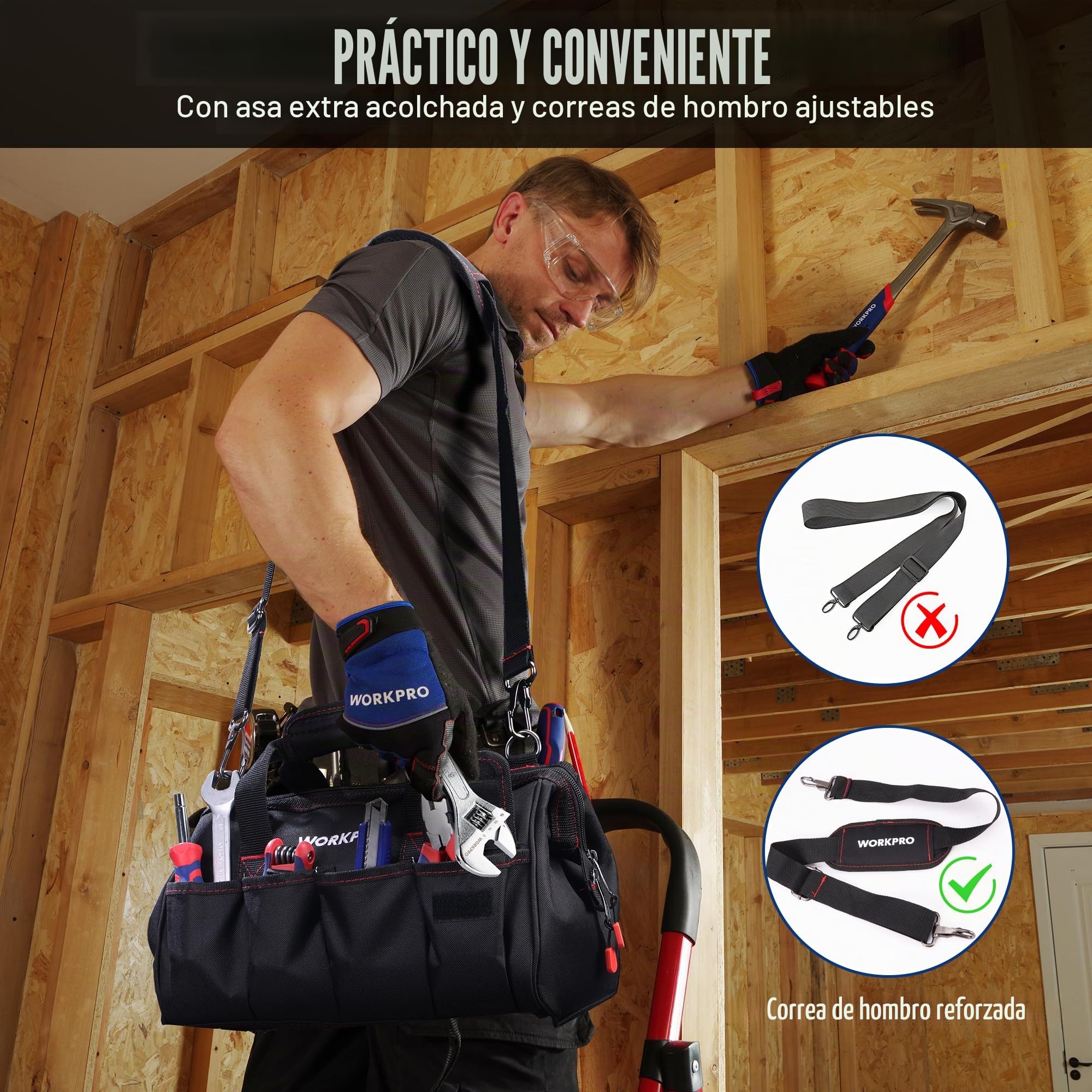 WORKPRO W081021A Bolsa de herramientas, bolsa de almacenamiento de boca ancha multiusos, 14 pulgadas, azul, negro