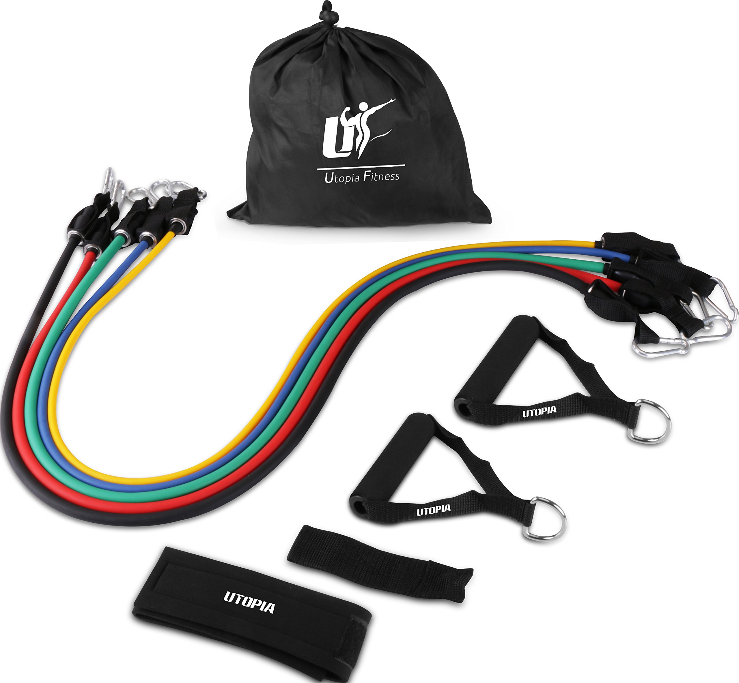 Resistance Band 5 Set for Home, Gym and Outdoor Workouts with Door Anchor, Ankle Strap & Mesh Carrier - Athletic and Handy