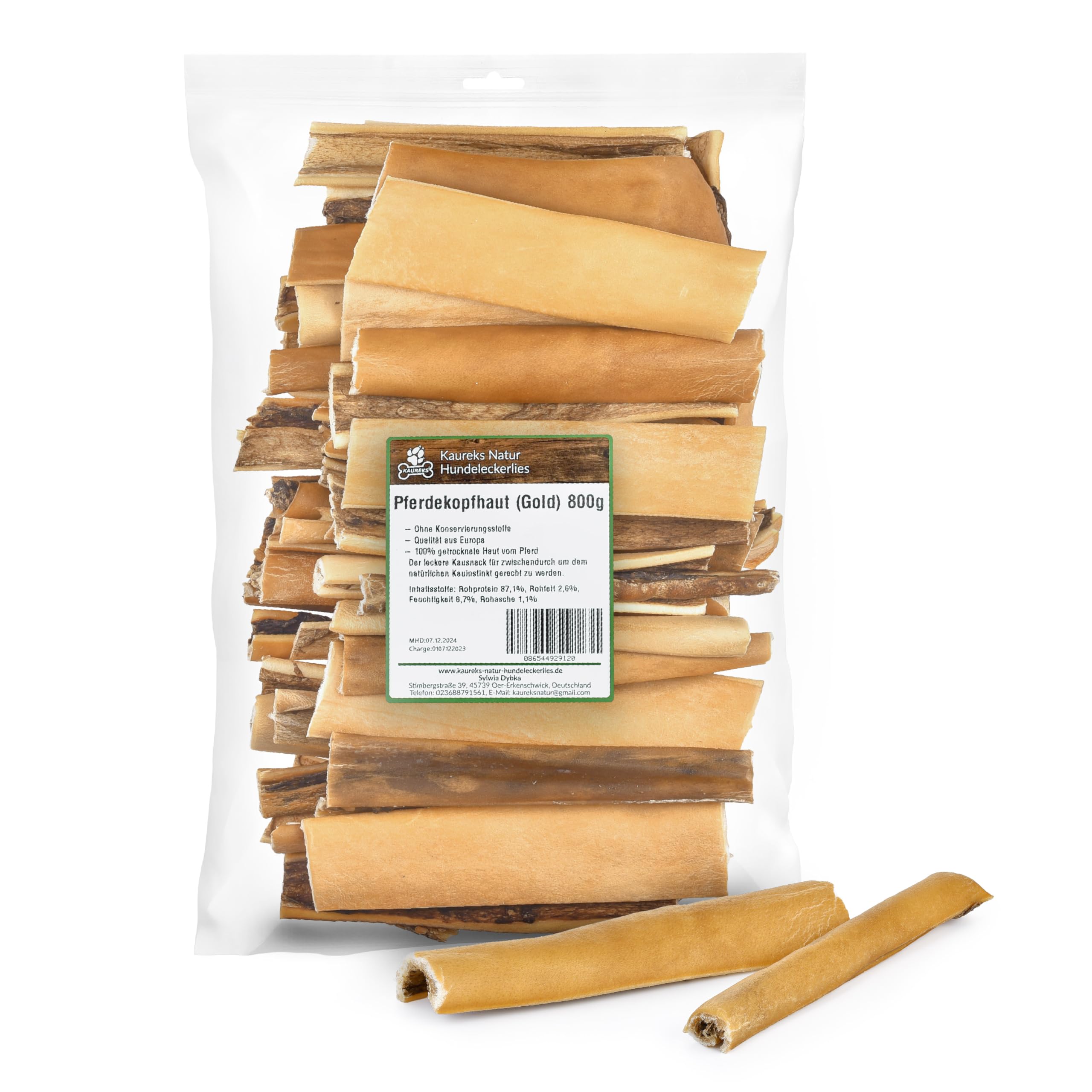 Kaureks Natur Hundeleckerlies Pferdekopfhaut 800g (Gold) ca. 15 cm natürliche Zahnpflege für Hunde, wie Pferdeknochen