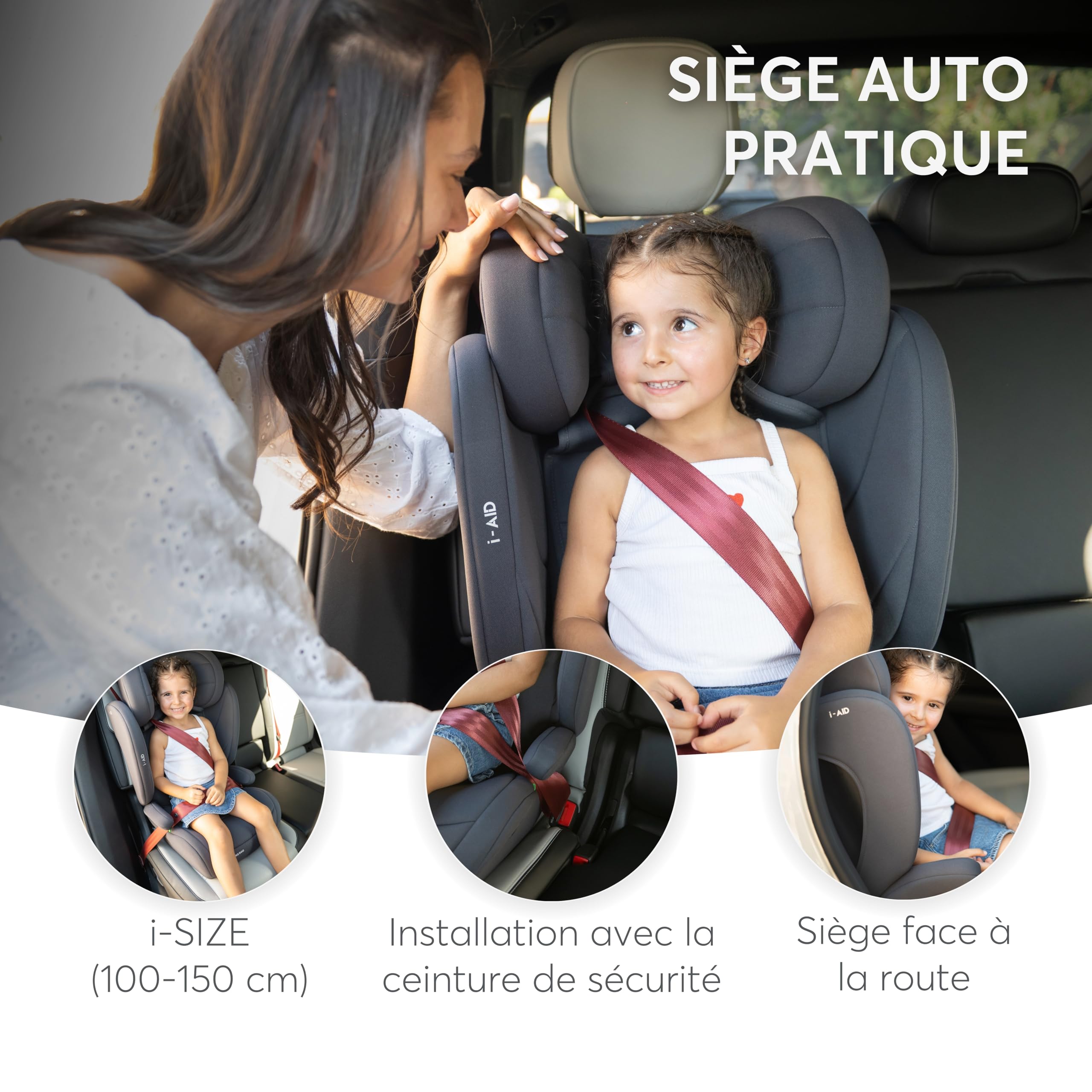 KikkaBoo Siège auto 15 à 36 kg i-AID, Siège Auto Enfant 100-150 cm, Groupe 2/3, Rehausseur à Dossier, Installation Ceinture, Appuie-tête Réglable 13 Positions, i-Size, Housse Lavable, Noir